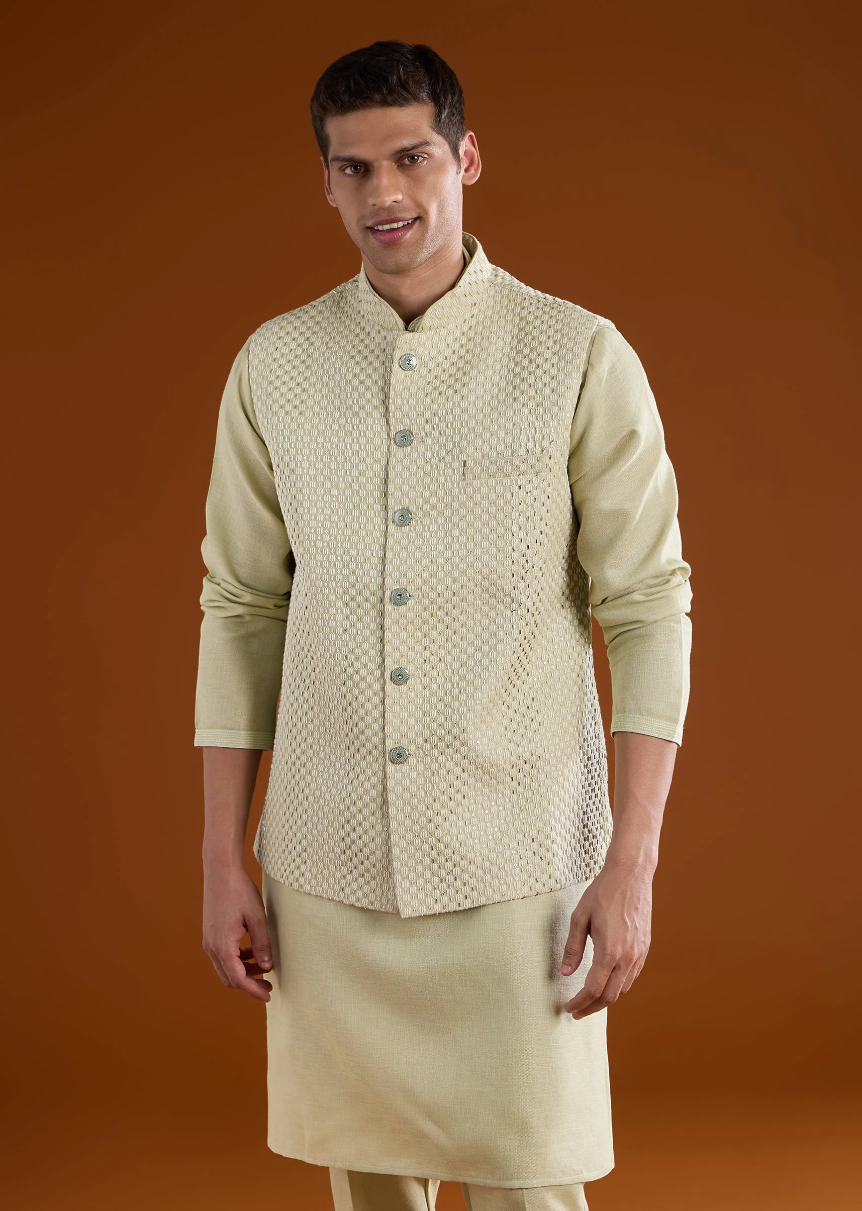 Pista Green Silk Mens Kurta Jacket Set With Thread Bead And Metal Work - Image 4