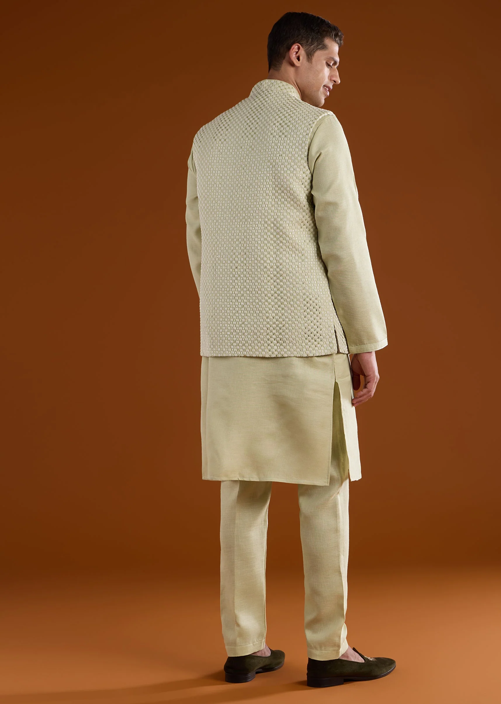 Pista Green Silk Mens Kurta Jacket Set With Thread Bead And Metal Work - Image 5