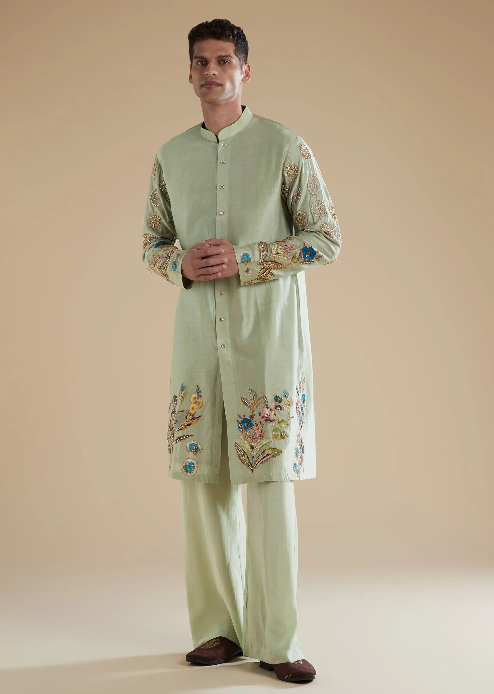 Pista Green Silk Mens Kurta Set with Moti Thread Resham Detail Work - Image 3