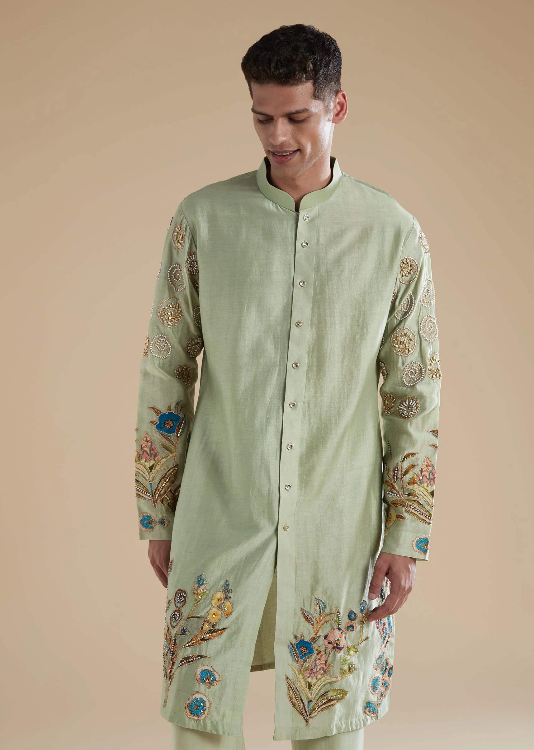 Pista Green Silk Mens Kurta Set with Moti Thread Resham Detail Work - Image 4