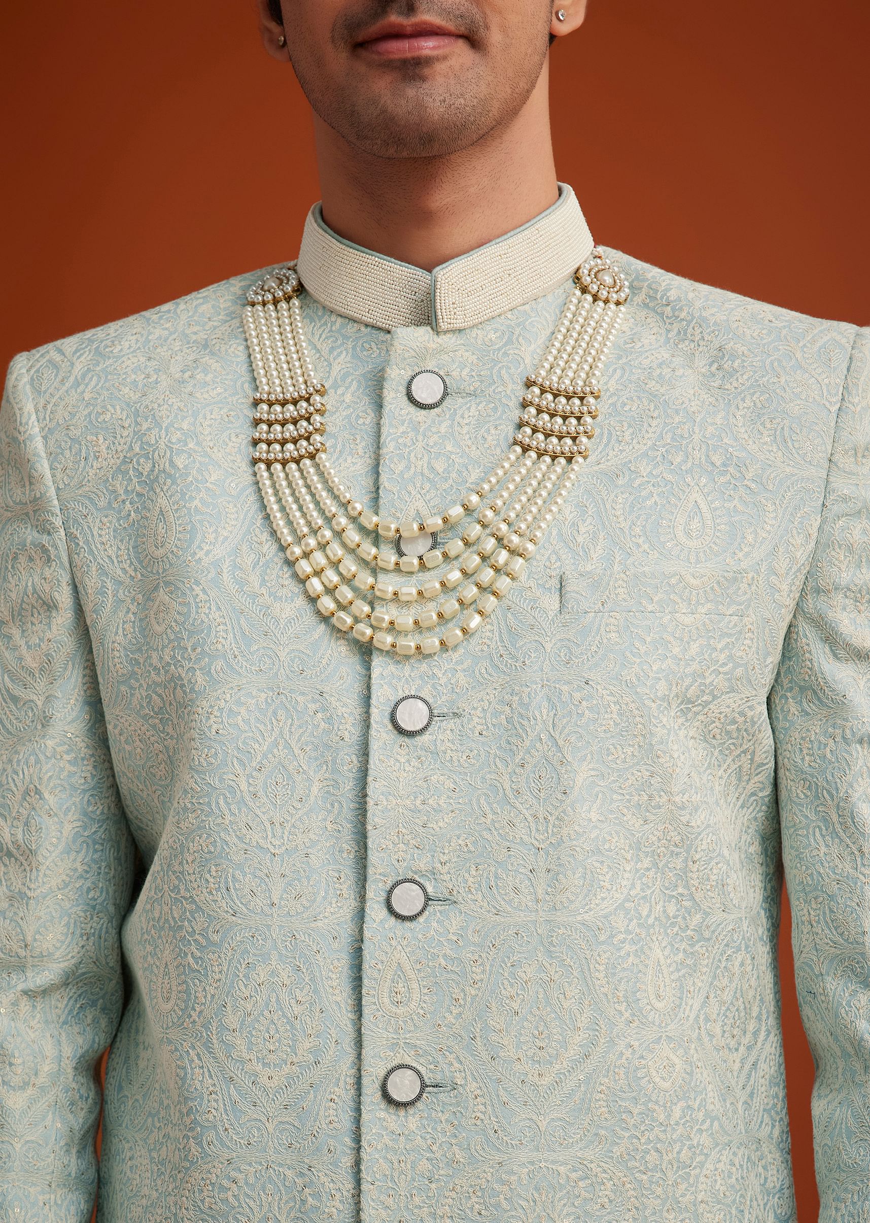 Pista Green Silk Sherwani Set With Bead Work - Image 2