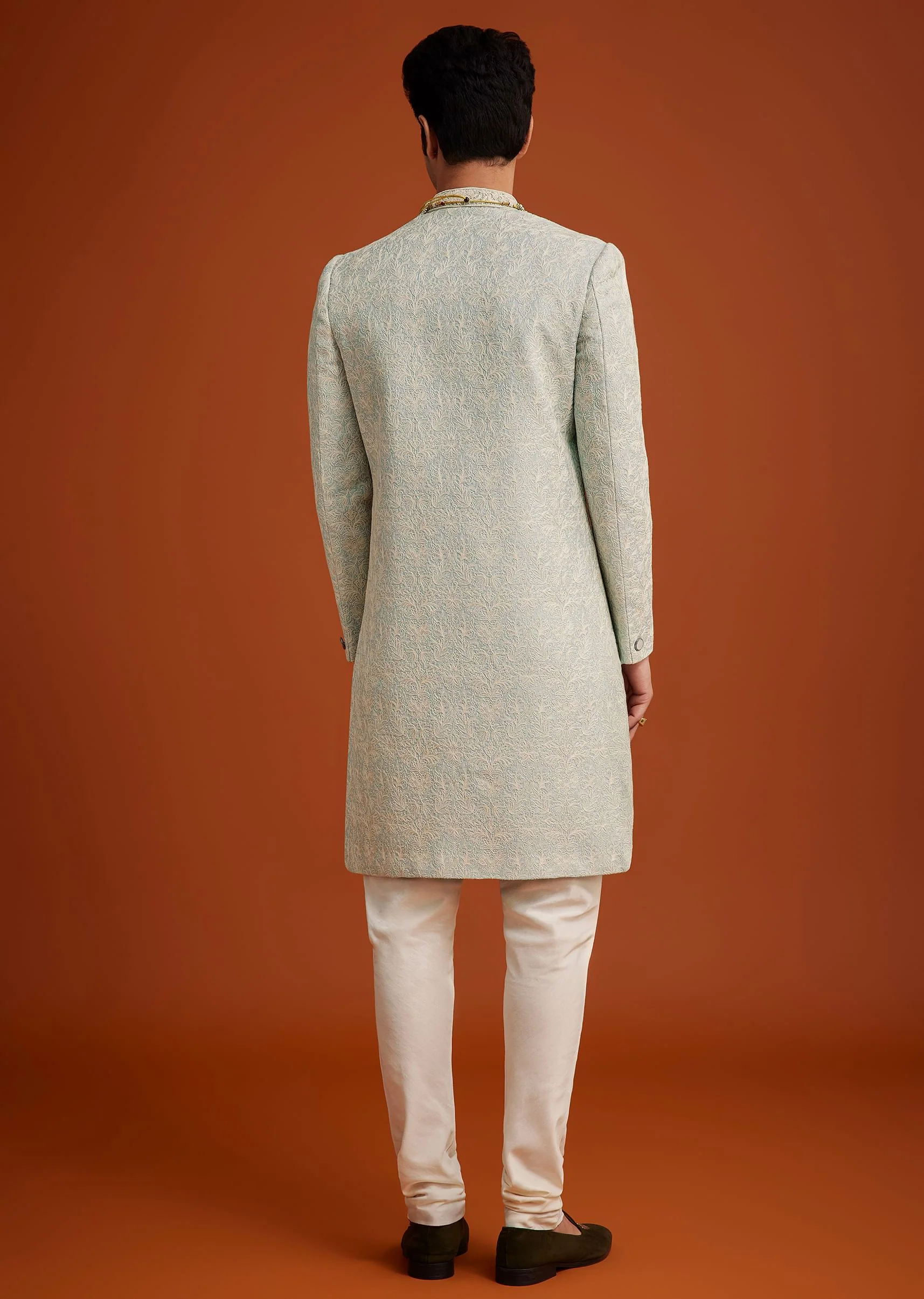 Pista Green Silk Sherwani Set With Beads Embroidery On Collar - Image 5