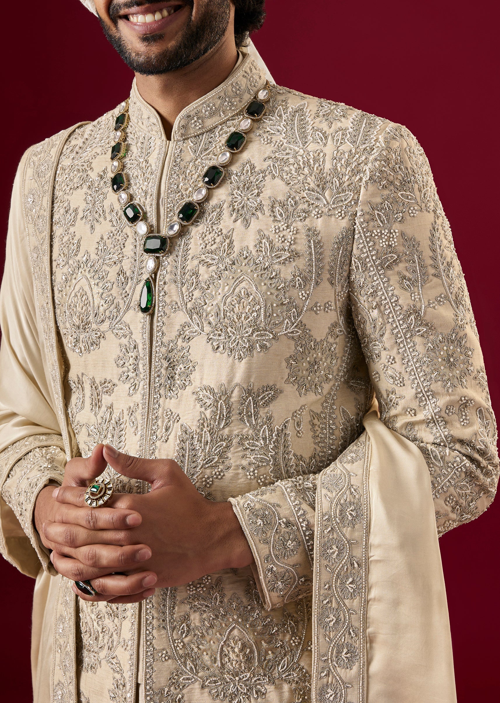 Pista Green Silk Sherwani Set With Dori Work - Image 5