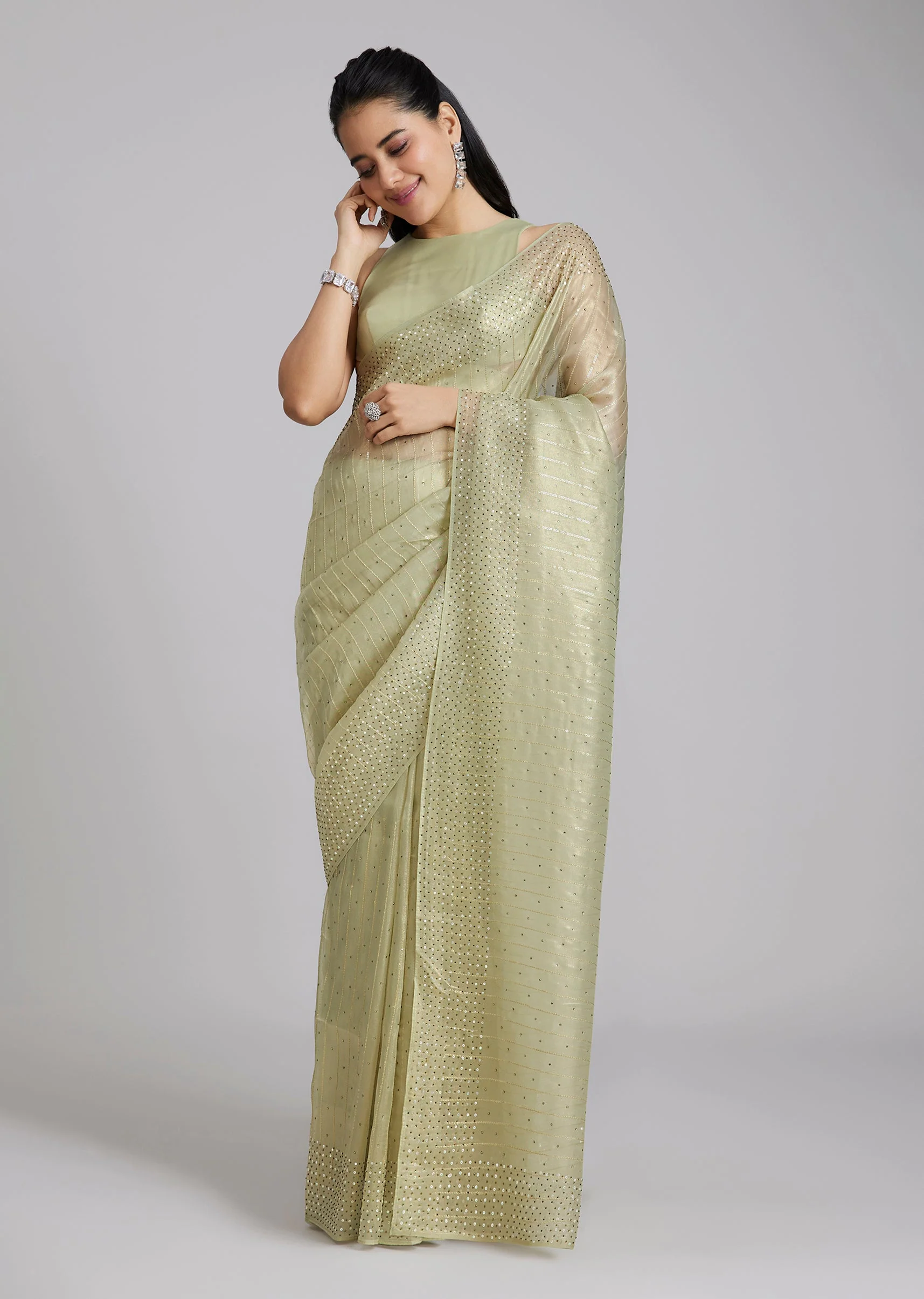 Pista Green Stone Embellished Tissue Saree - Image 3