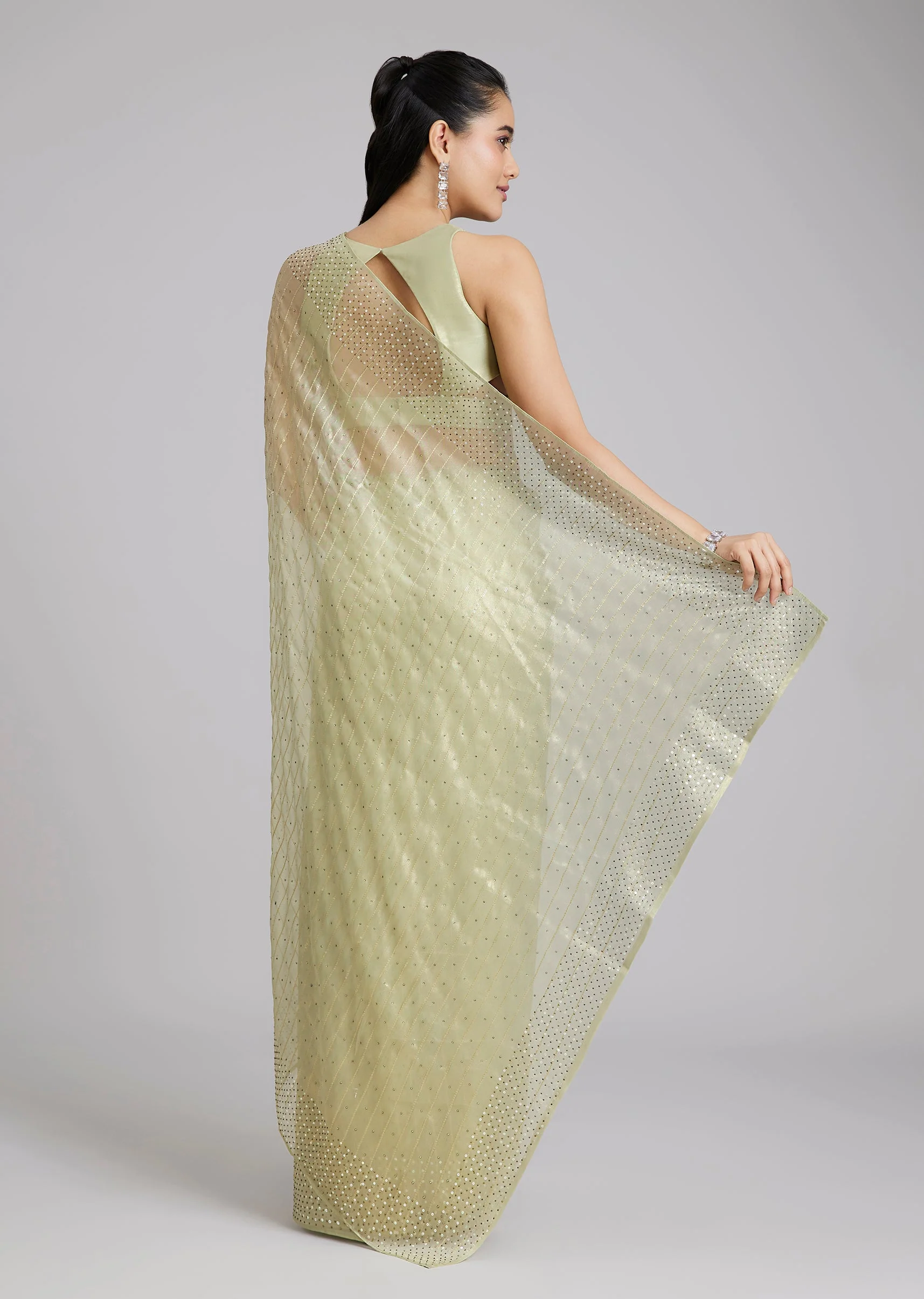 Pista Green Stone Embellished Tissue Saree - Image 4