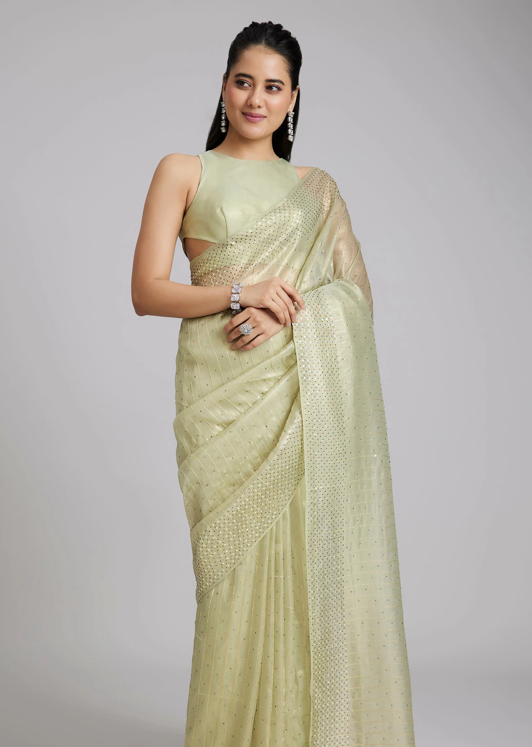 Pista Green Stone Embellished Tissue Saree - Image 5