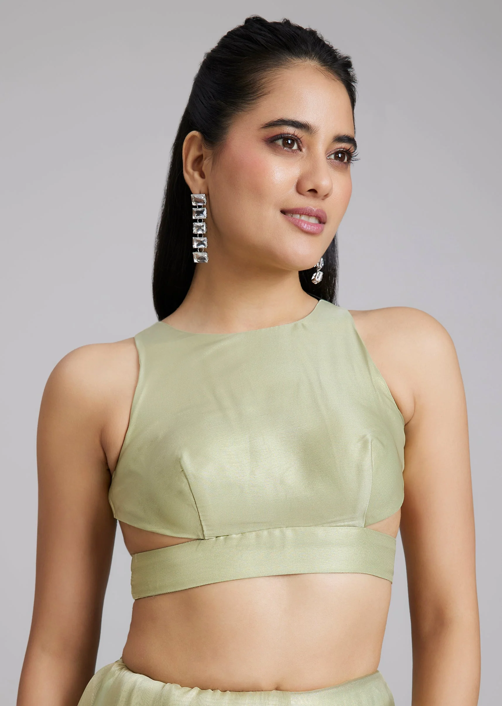 Pista Green Stone Embellished Tissue Saree - Image 7
