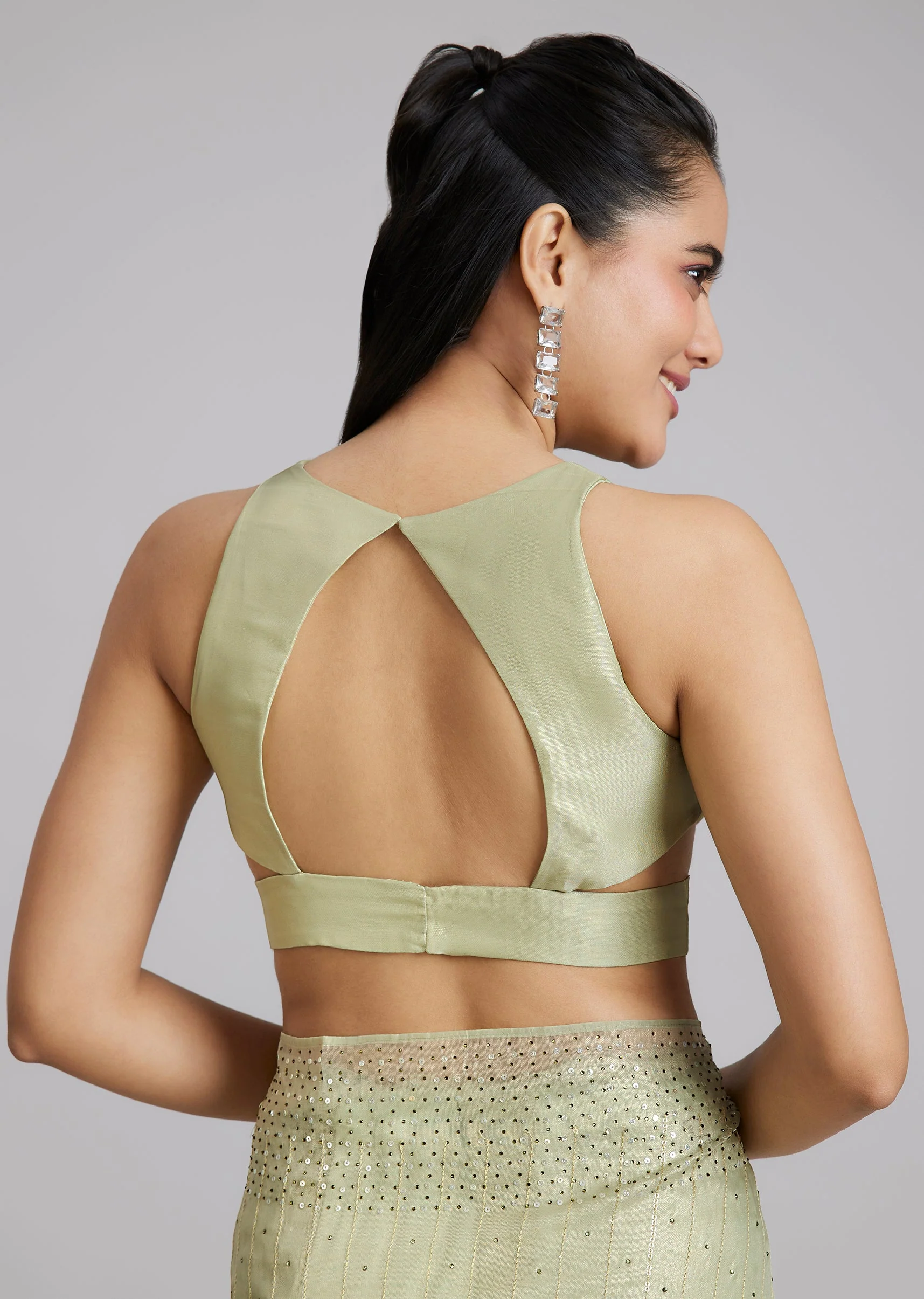 Pista Green Stone Embellished Tissue Saree - Image 8