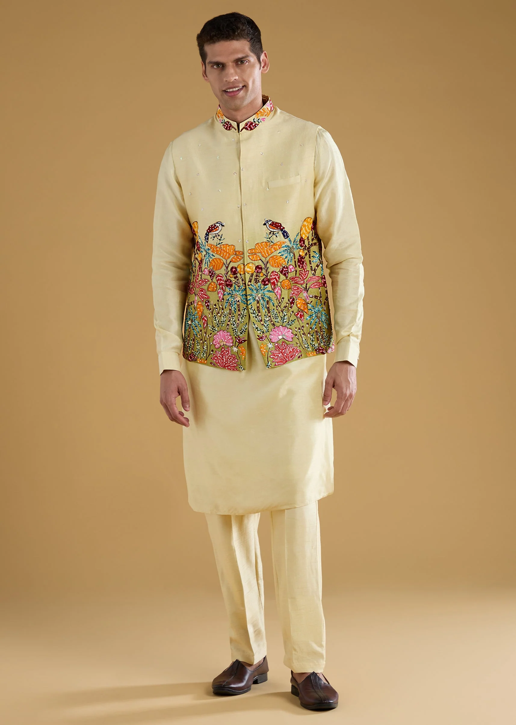 Pista Green Thread Embroidered Jacket and Kurta Set