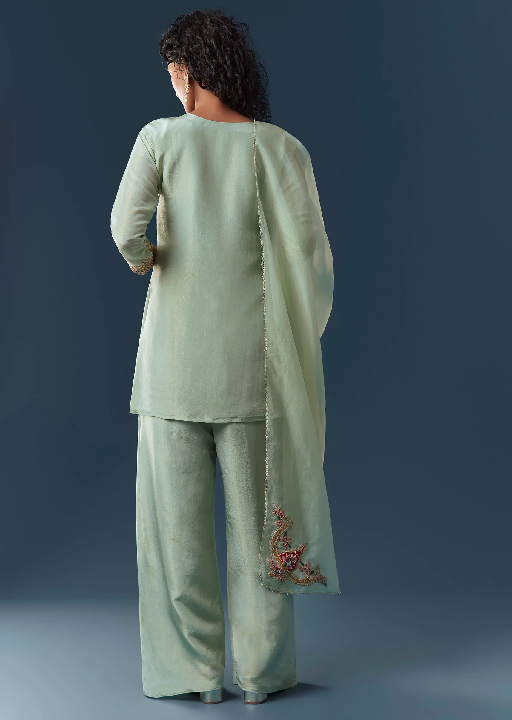 Pista Green Tissue Kurta Pant Set With Dupatta - Image 5