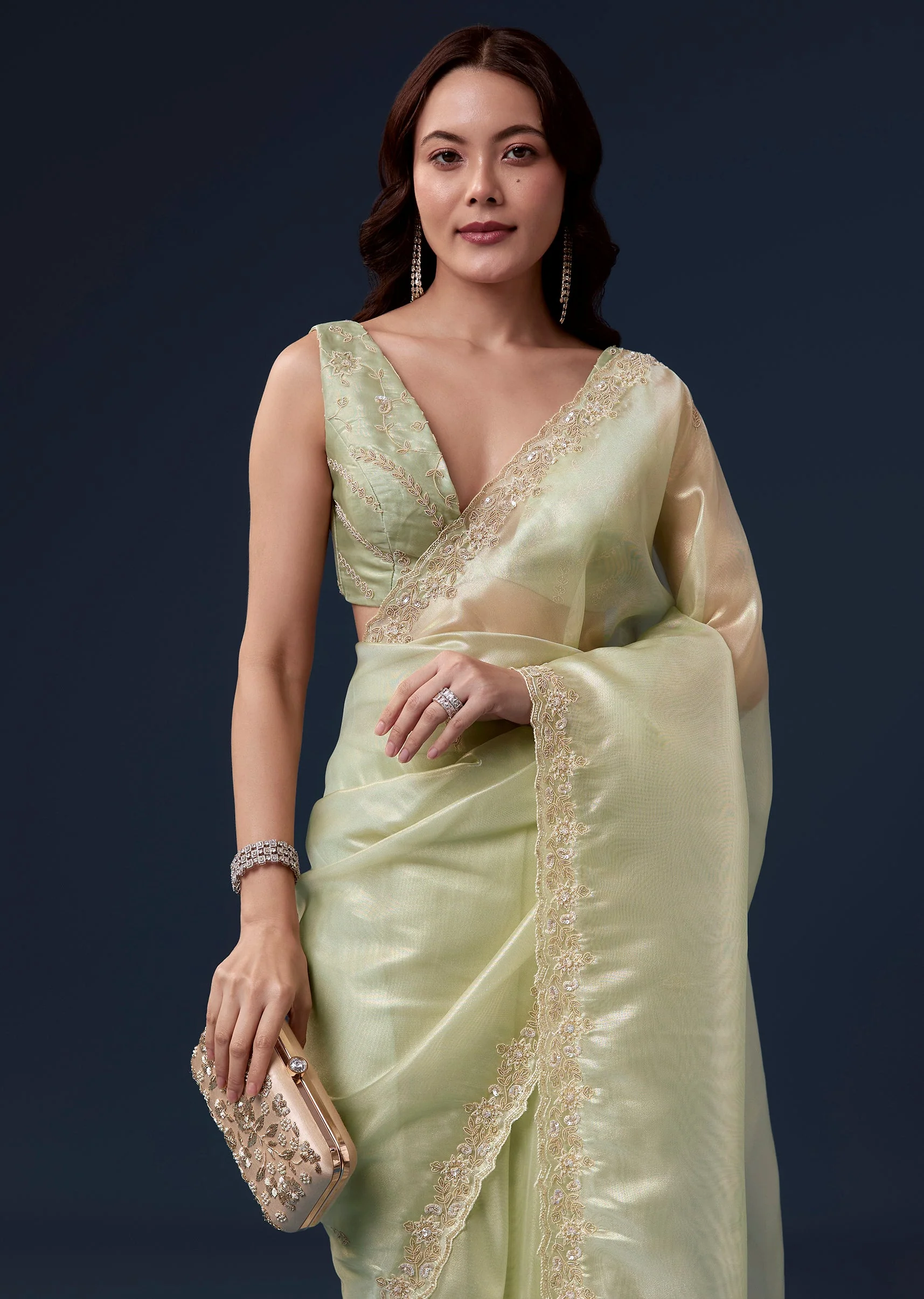 Pista Green Tissue Saree With Cutdana Beads Sequins And Zardosi Work - Image 5