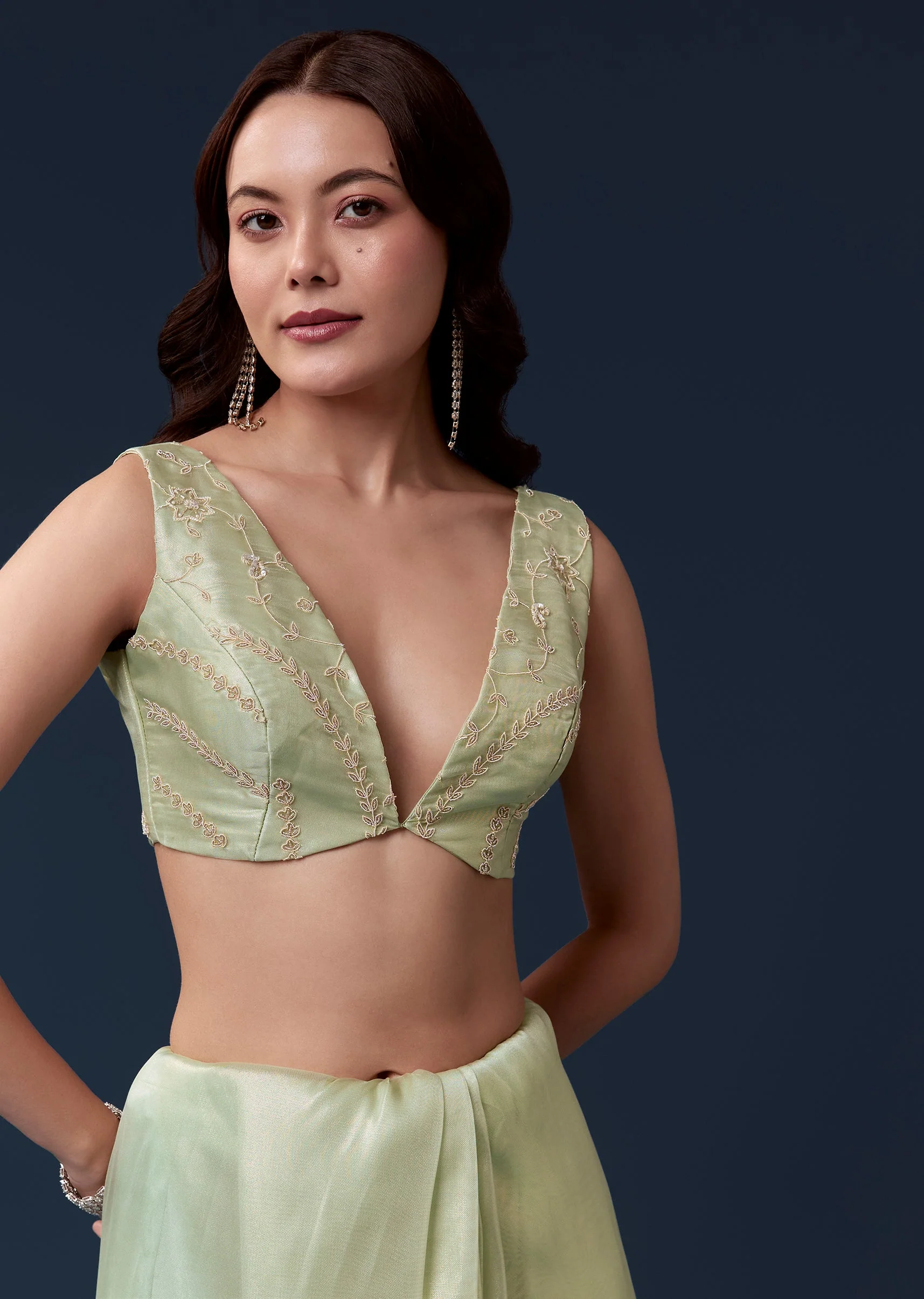 Pista Green Tissue Saree With Cutdana Beads Sequins And Zardosi Work - Image 7