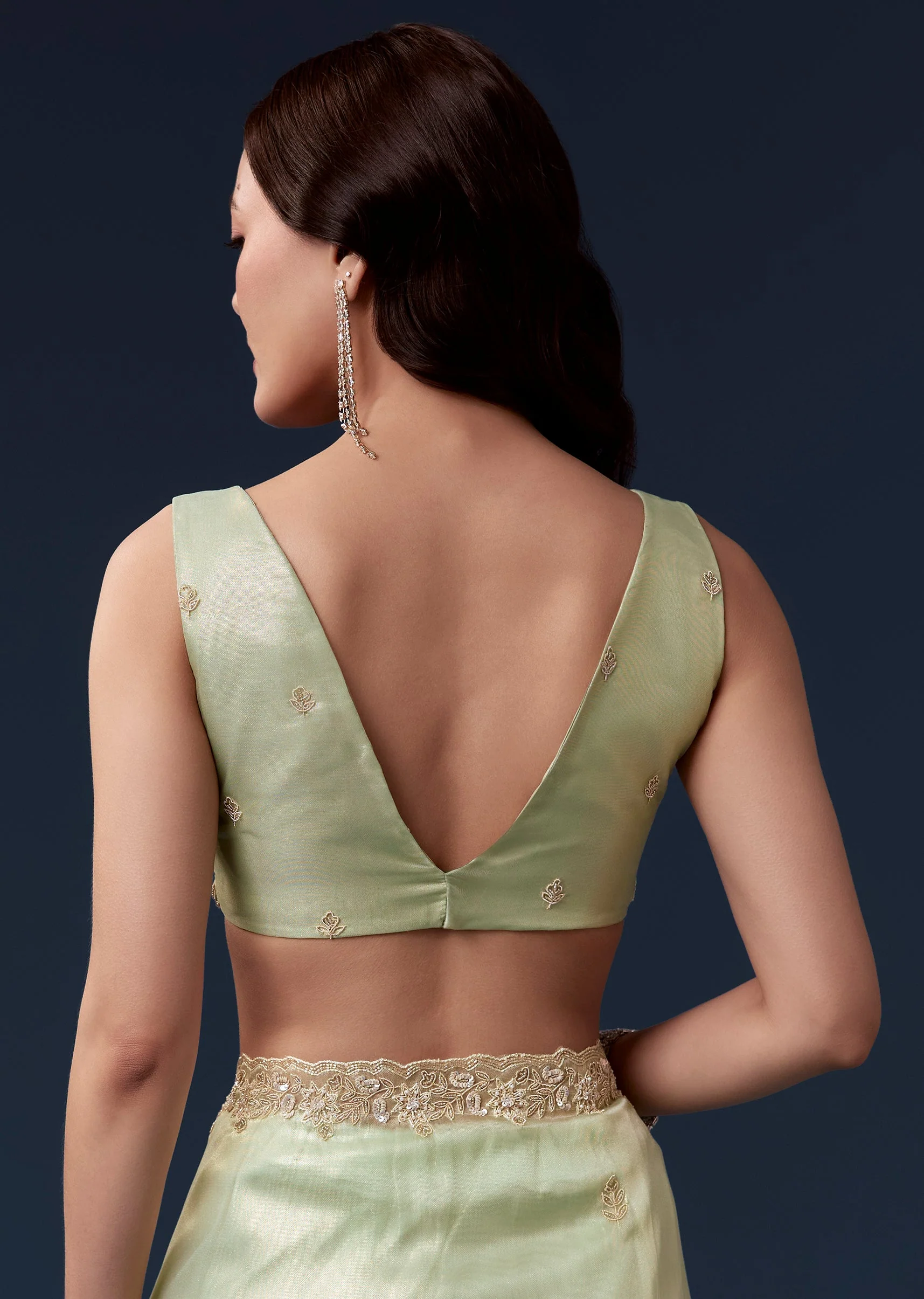 Pista Green Tissue Saree With Cutdana Beads Sequins And Zardosi Work - Image 8