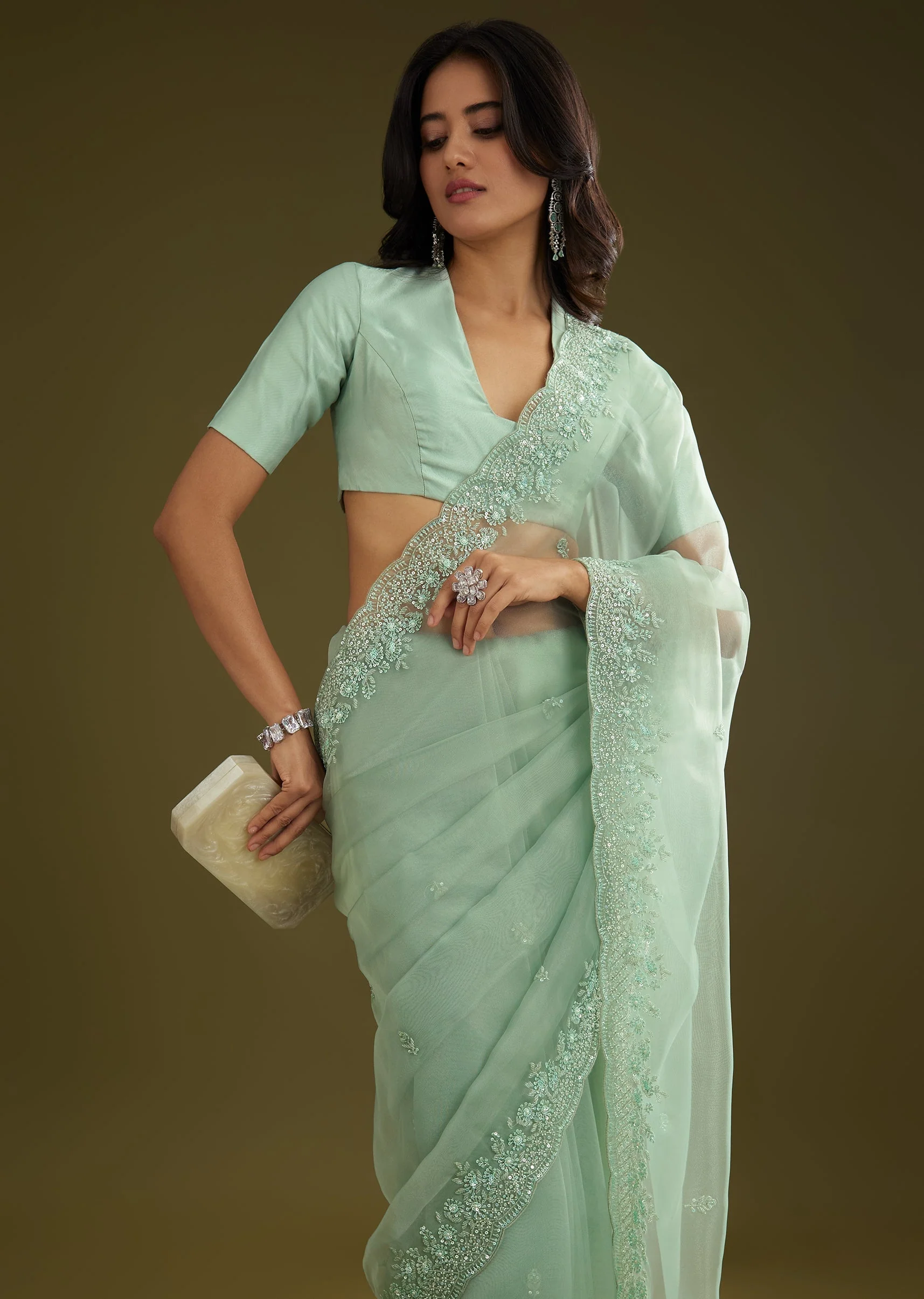 Pista Green Tissue Saree With Embroidered Scallop Border - Image 2