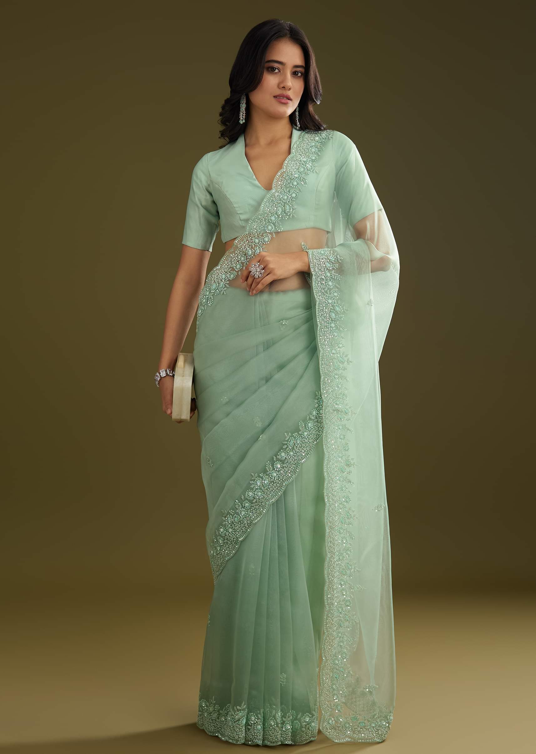Pista Green Tissue Saree With Embroidered Scallop Border - Image 3