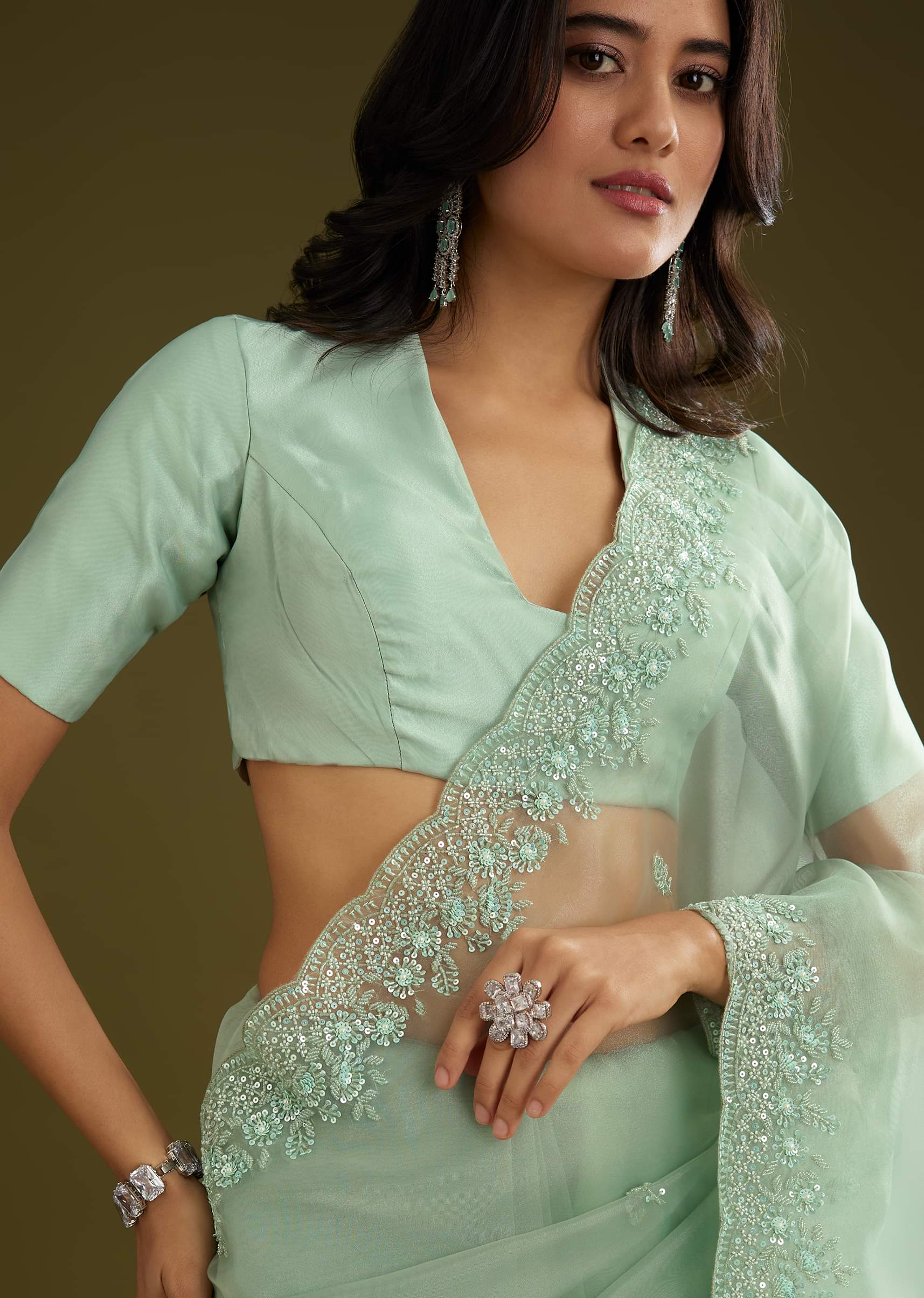 Pista Green Tissue Saree With Embroidered Scallop Border - Image 5