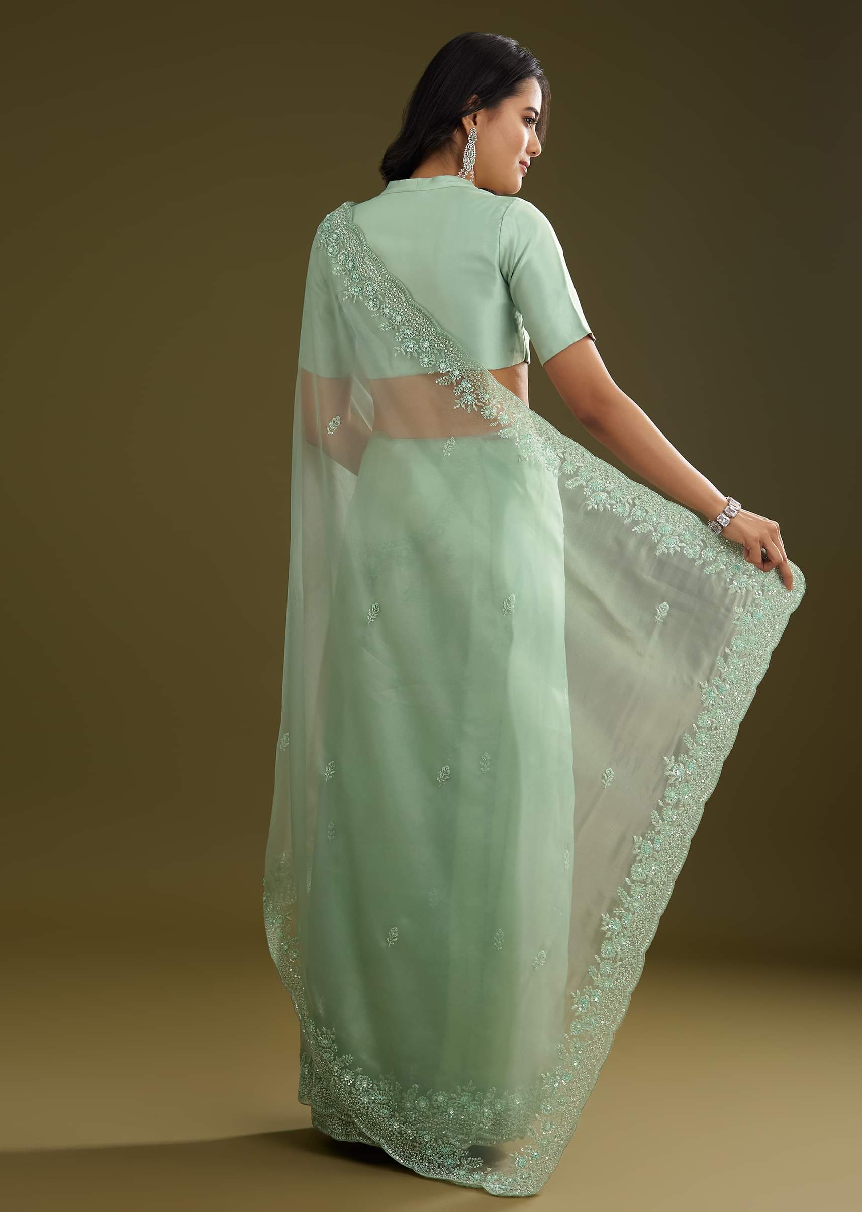 Pista Green Tissue Saree With Embroidered Scallop Border - Image 6