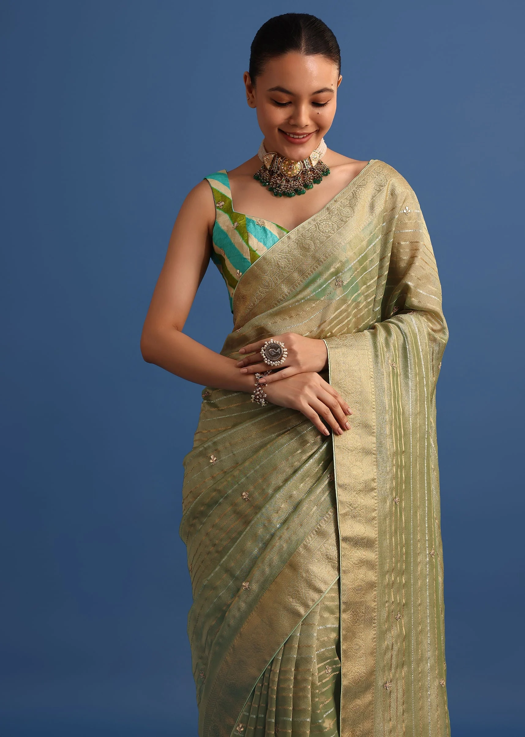 Pista Green Tissue Saree With Gota Patti And Zari Work And Lehriya Blouse - Image 2