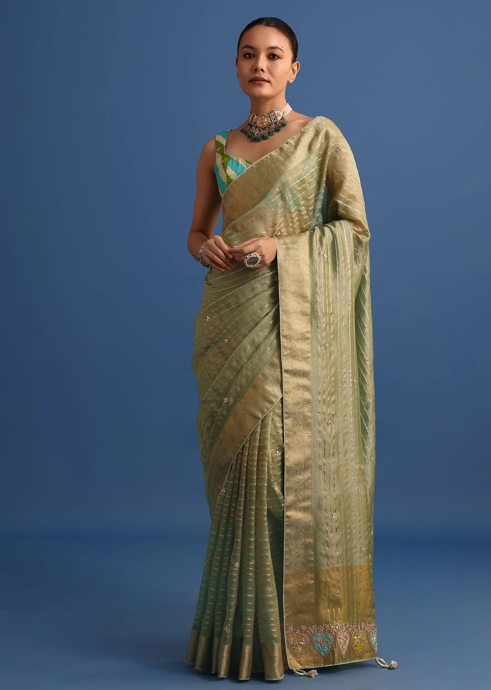 Pista Green Tissue Saree With Gota Patti And Zari Work And Lehriya Blouse - Image 3