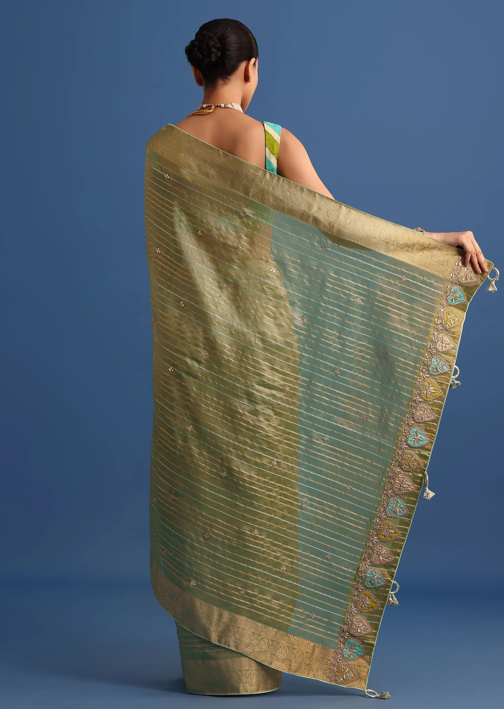 Pista Green Tissue Saree With Gota Patti And Zari Work And Lehriya Blouse - Image 4