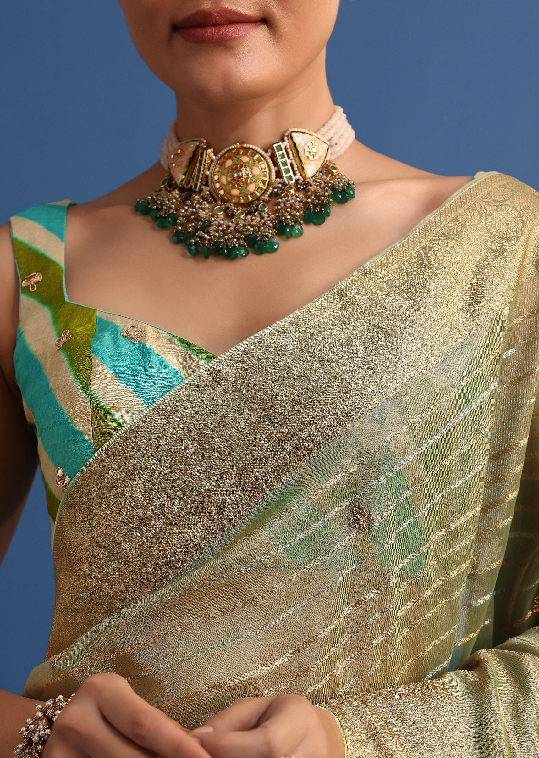 Pista Green Tissue Saree With Gota Patti And Zari Work And Lehriya Blouse - Image 5