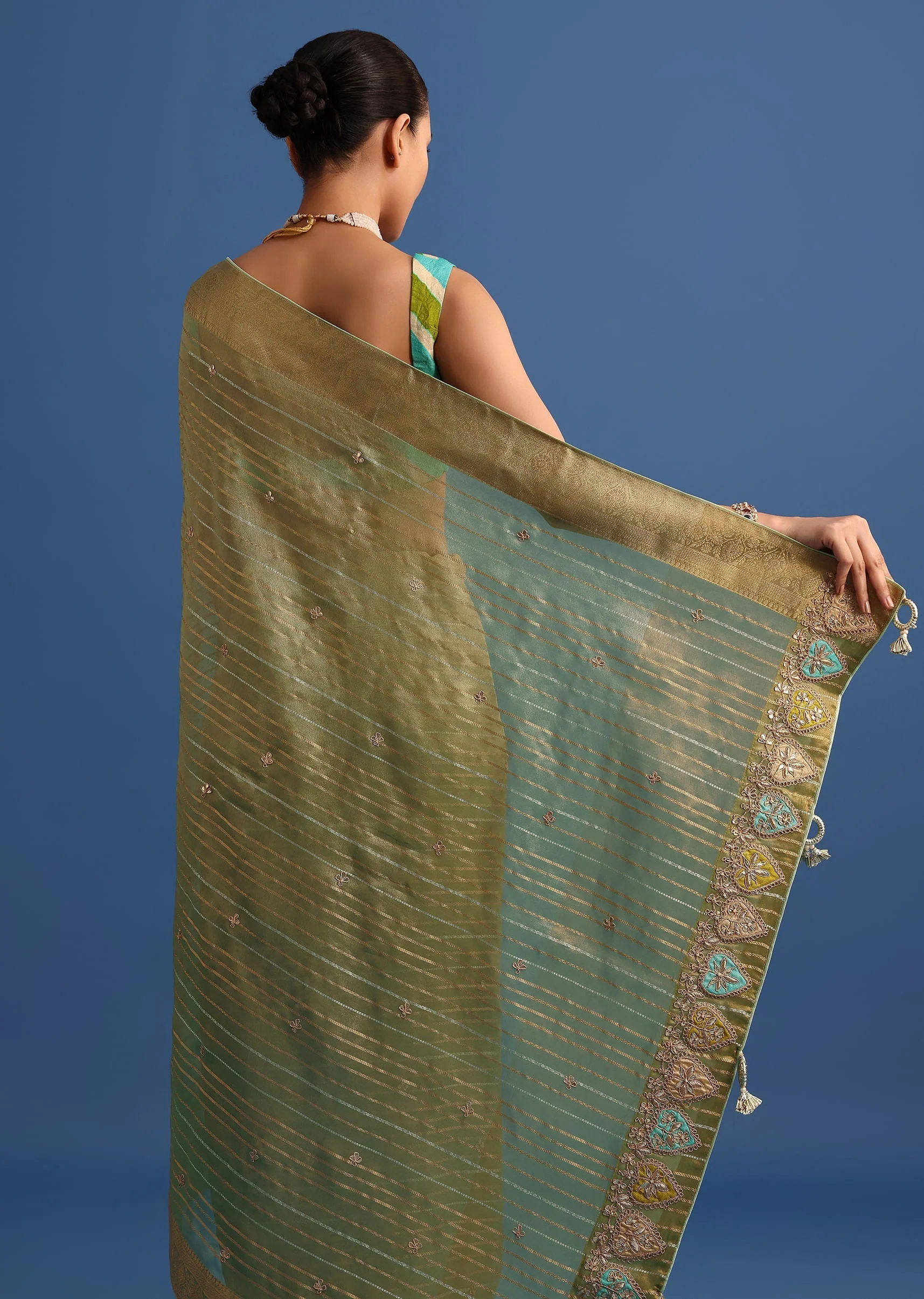 Pista Green Tissue Saree With Gota Patti And Zari Work And Lehriya Blouse - Image 6