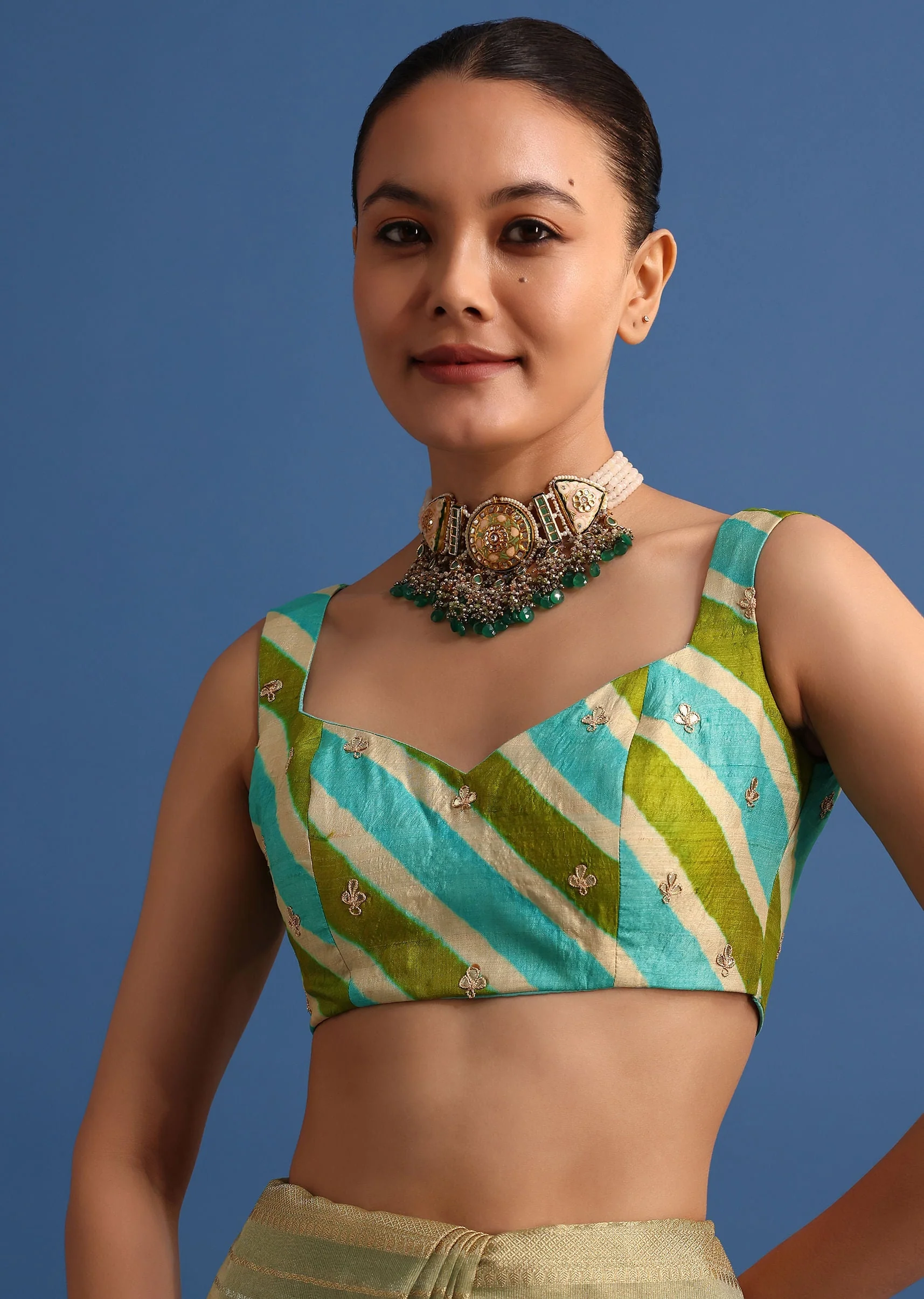 Pista Green Tissue Saree With Gota Patti And Zari Work And Lehriya Blouse - Image 7