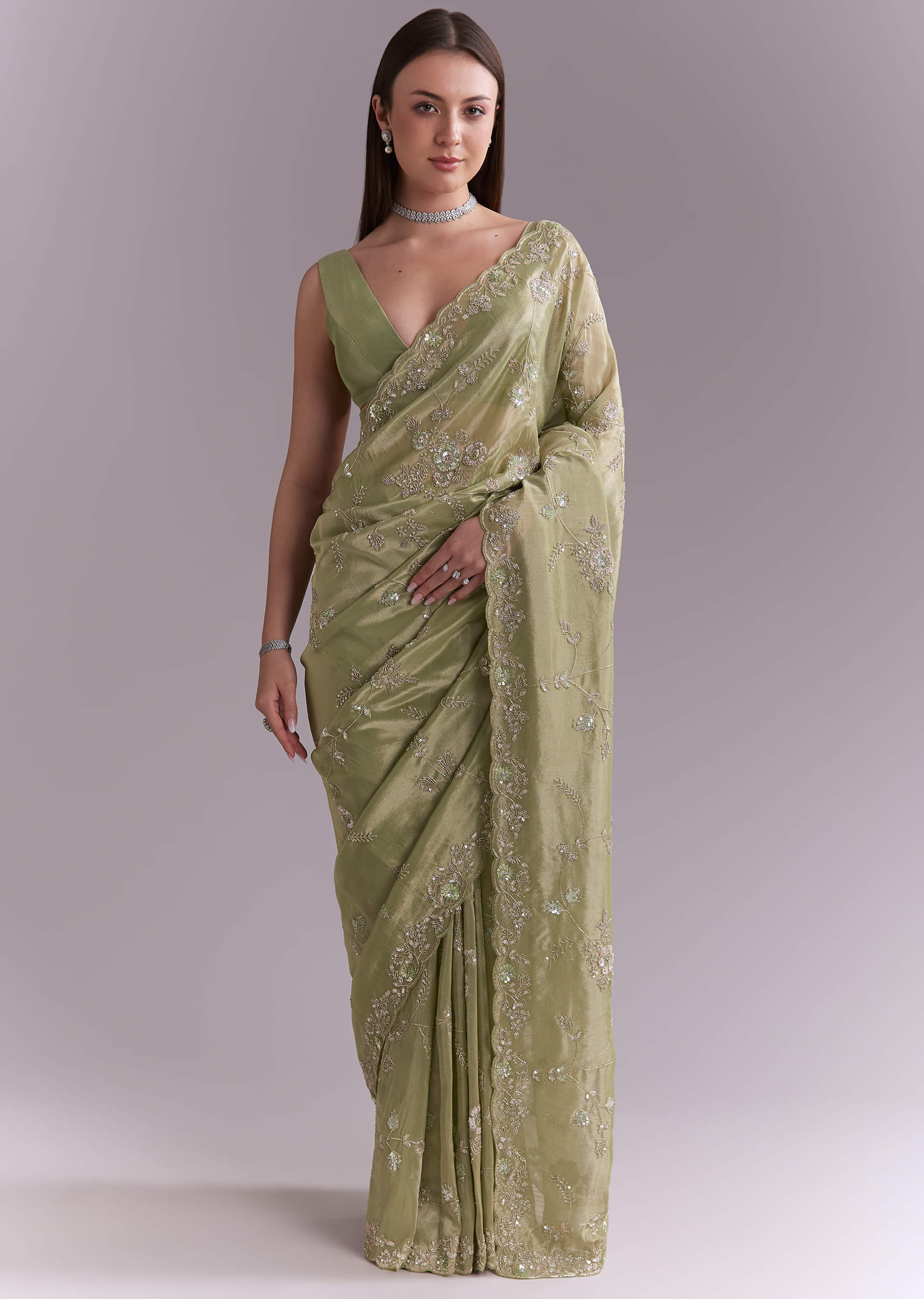 Pista Green Tissue Saree With Heavy Floral Embroidery - Image 3
