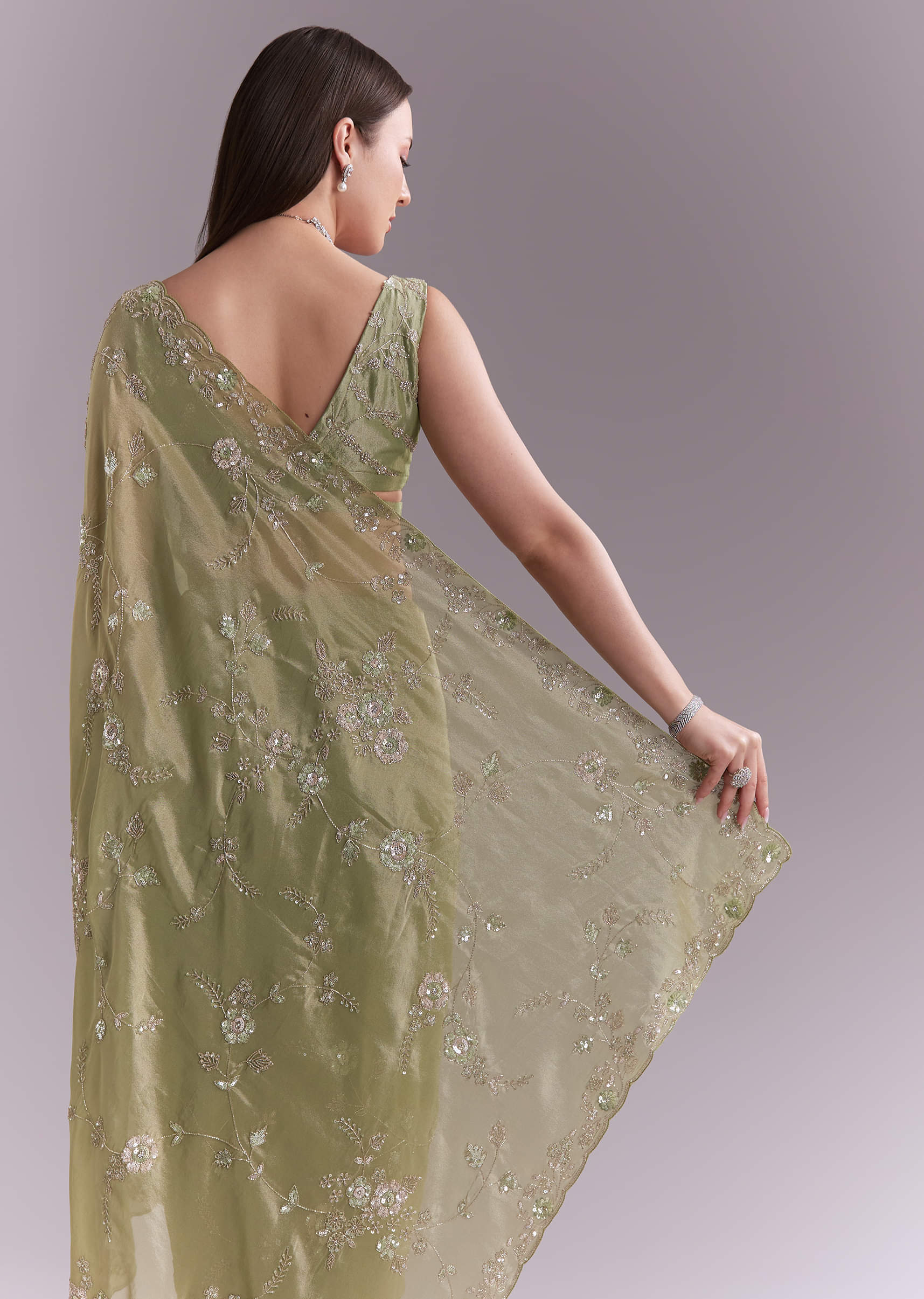 Pista Green Tissue Saree With Heavy Floral Embroidery - Image 6