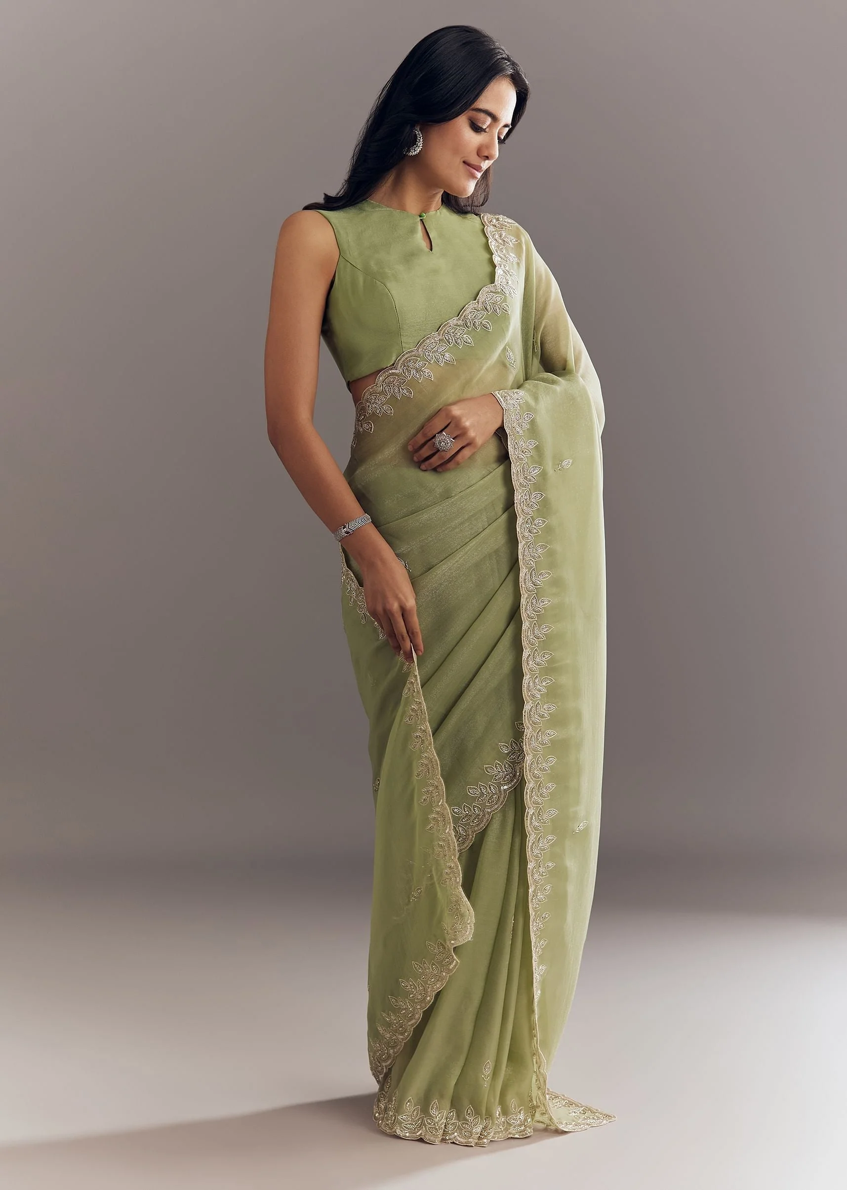 Pista Green Tissue Saree With Leaf Motif Embroidery In Sequins And Cutdana - Image 3