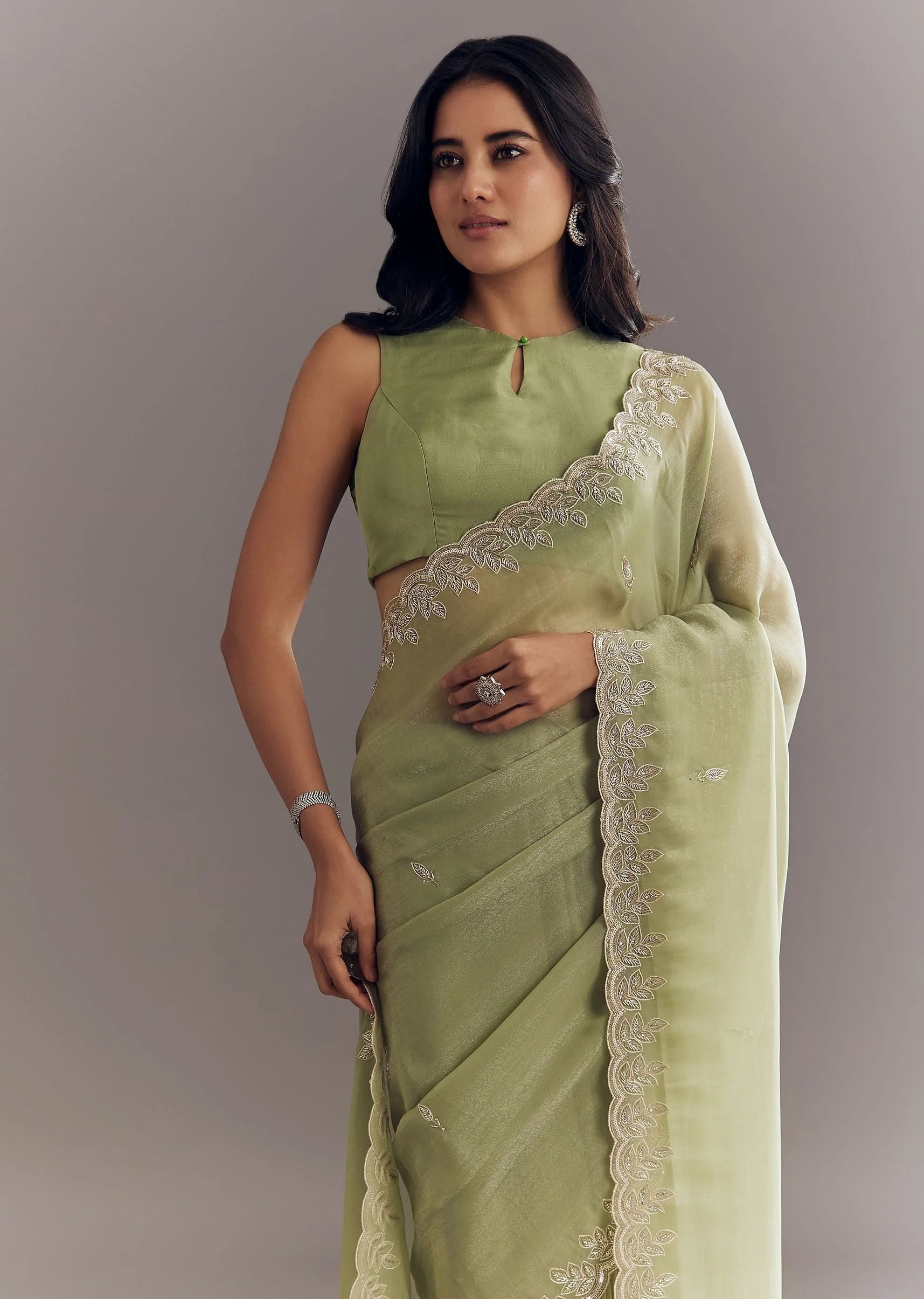 Pista Green Tissue Saree With Leaf Motif Embroidery In Sequins And Cutdana - Image 5