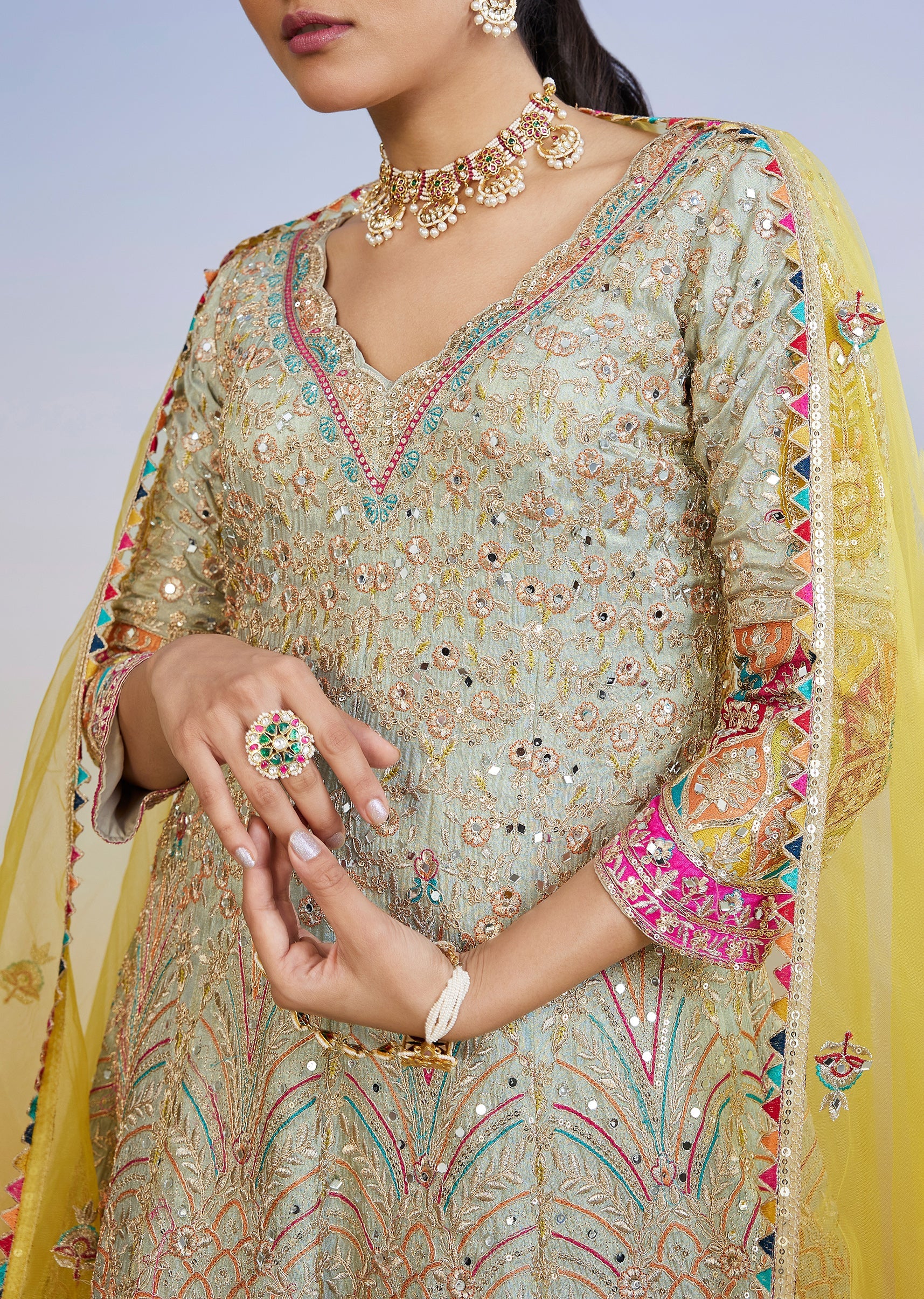 Pista Green Traditional Lehenga With Zari Mirror Sequin Detailing - Image 3
