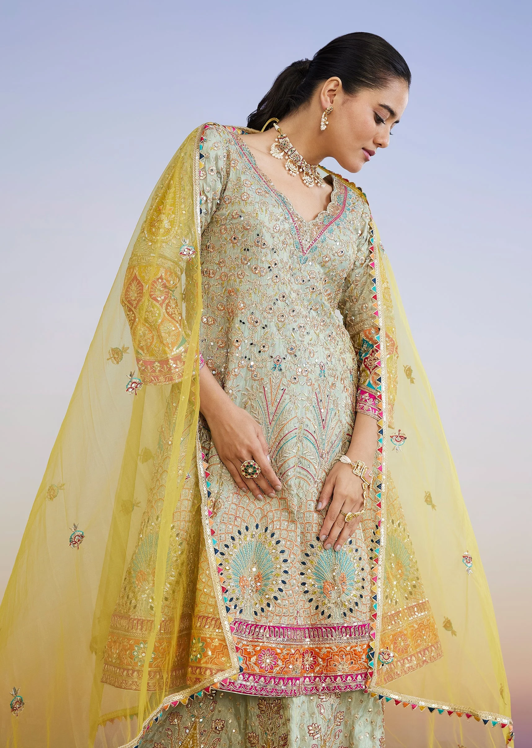 Pista Green Traditional Lehenga With Zari Mirror Sequin Detailing - Image 5