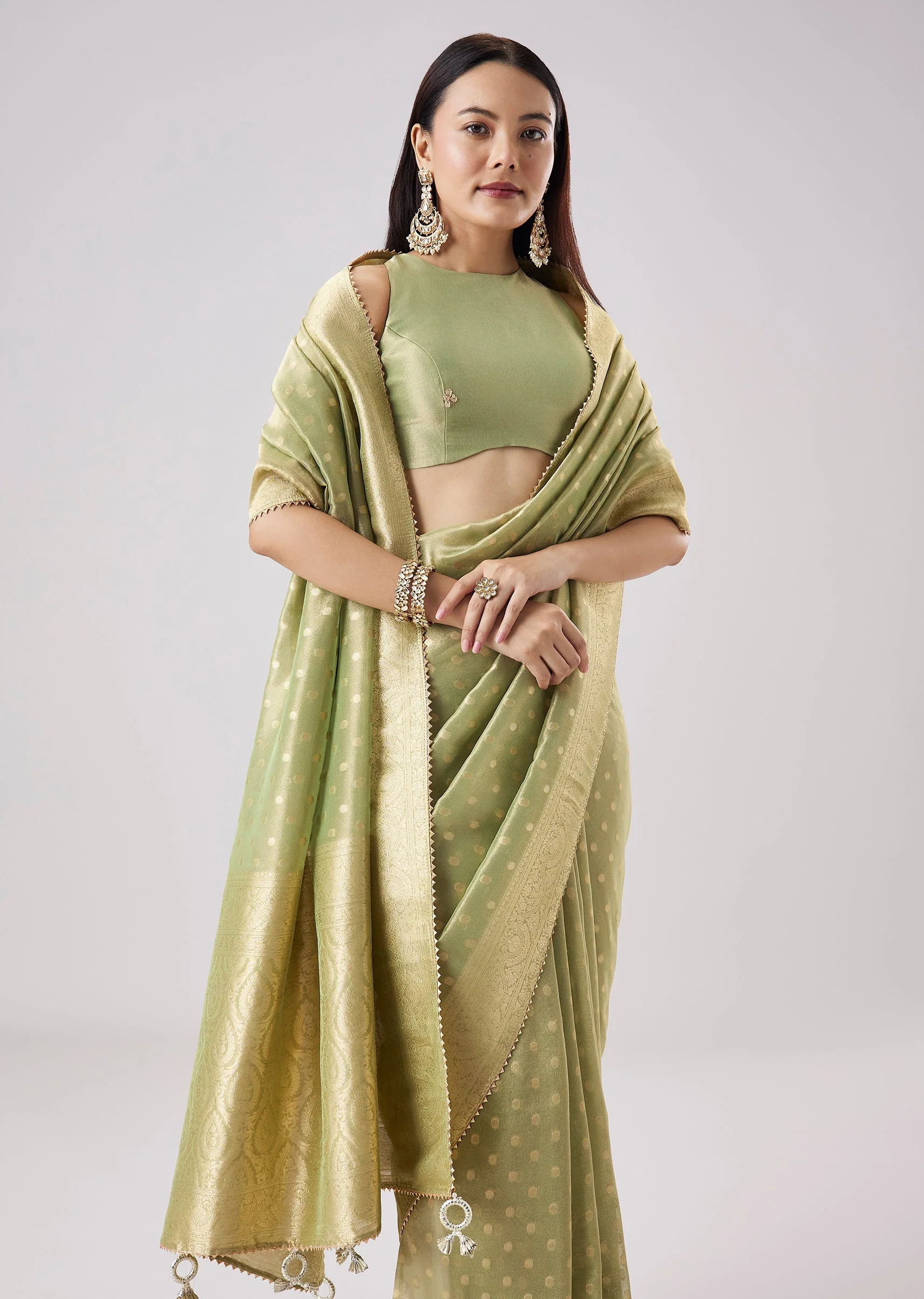 Pista Green Woven Tassel Border Saree With Unstitched Blouse - Image 5