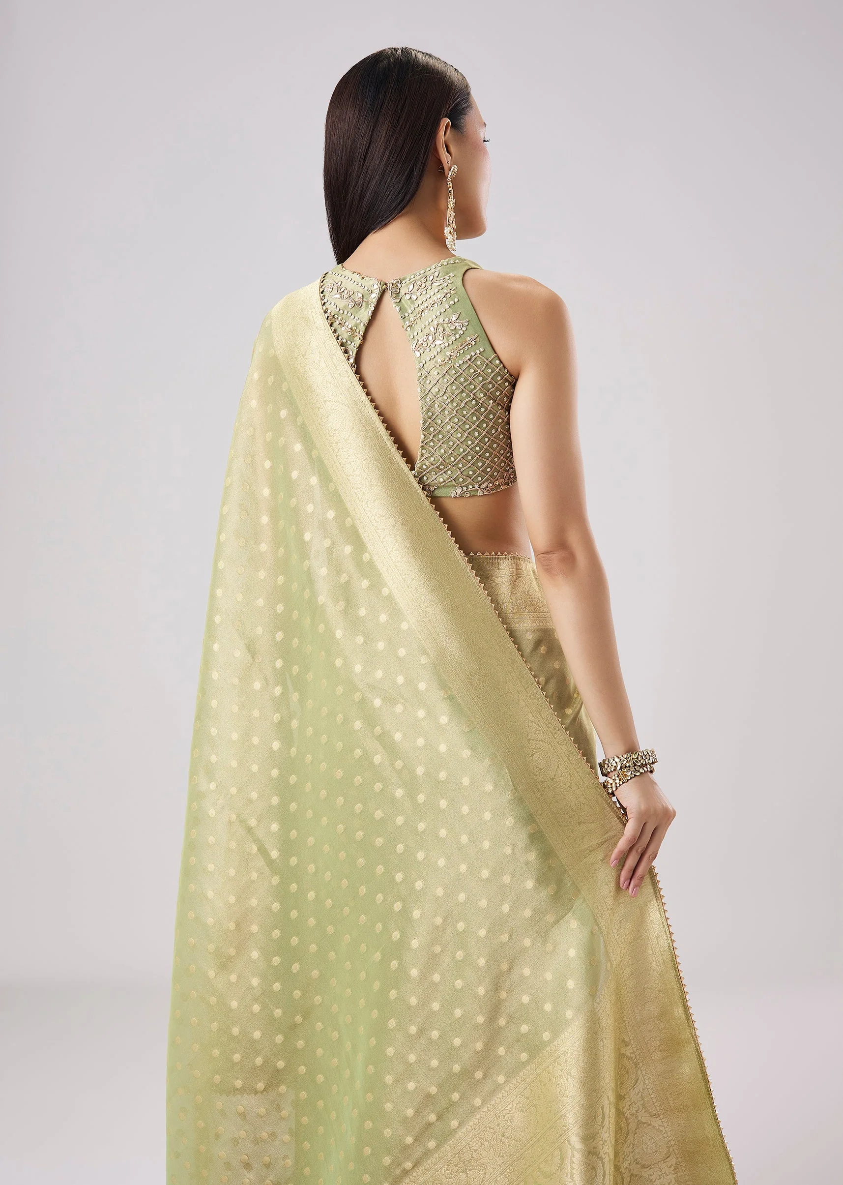 Pista Green Woven Tassel Border Saree With Unstitched Blouse - Image 6