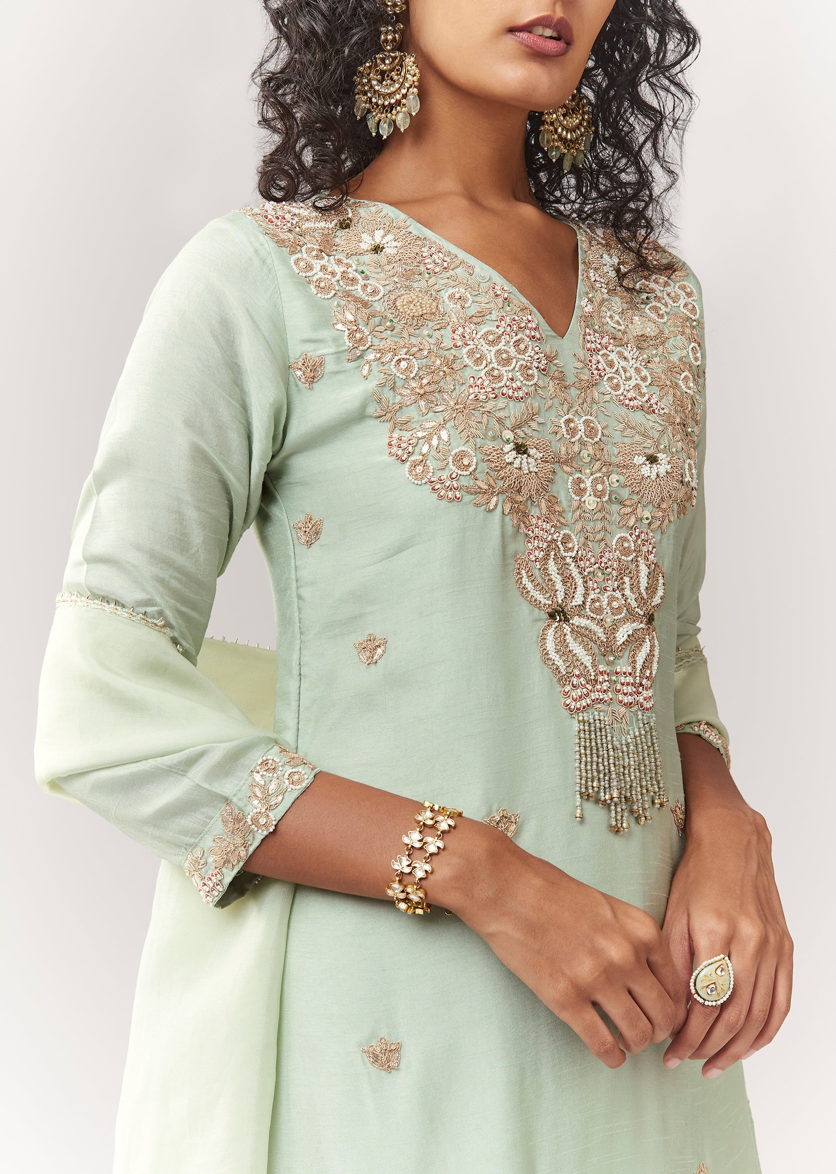 Pista Green Zardosi And Moti Work Kurta Palazzo Set With Dupatta - Image 2