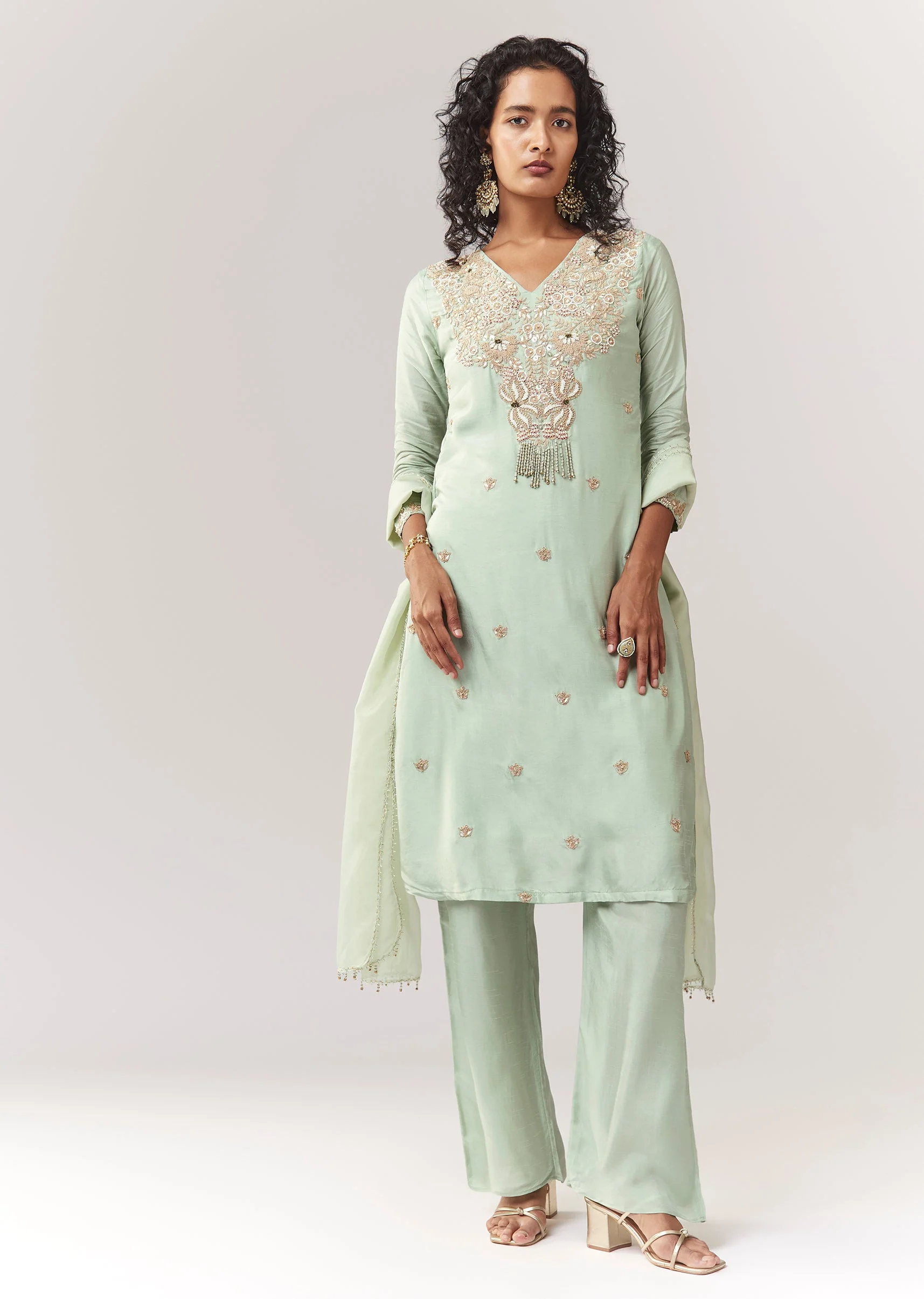 Pista Green Zardosi And Moti Work Kurta Palazzo Set With Dupatta - Image 3