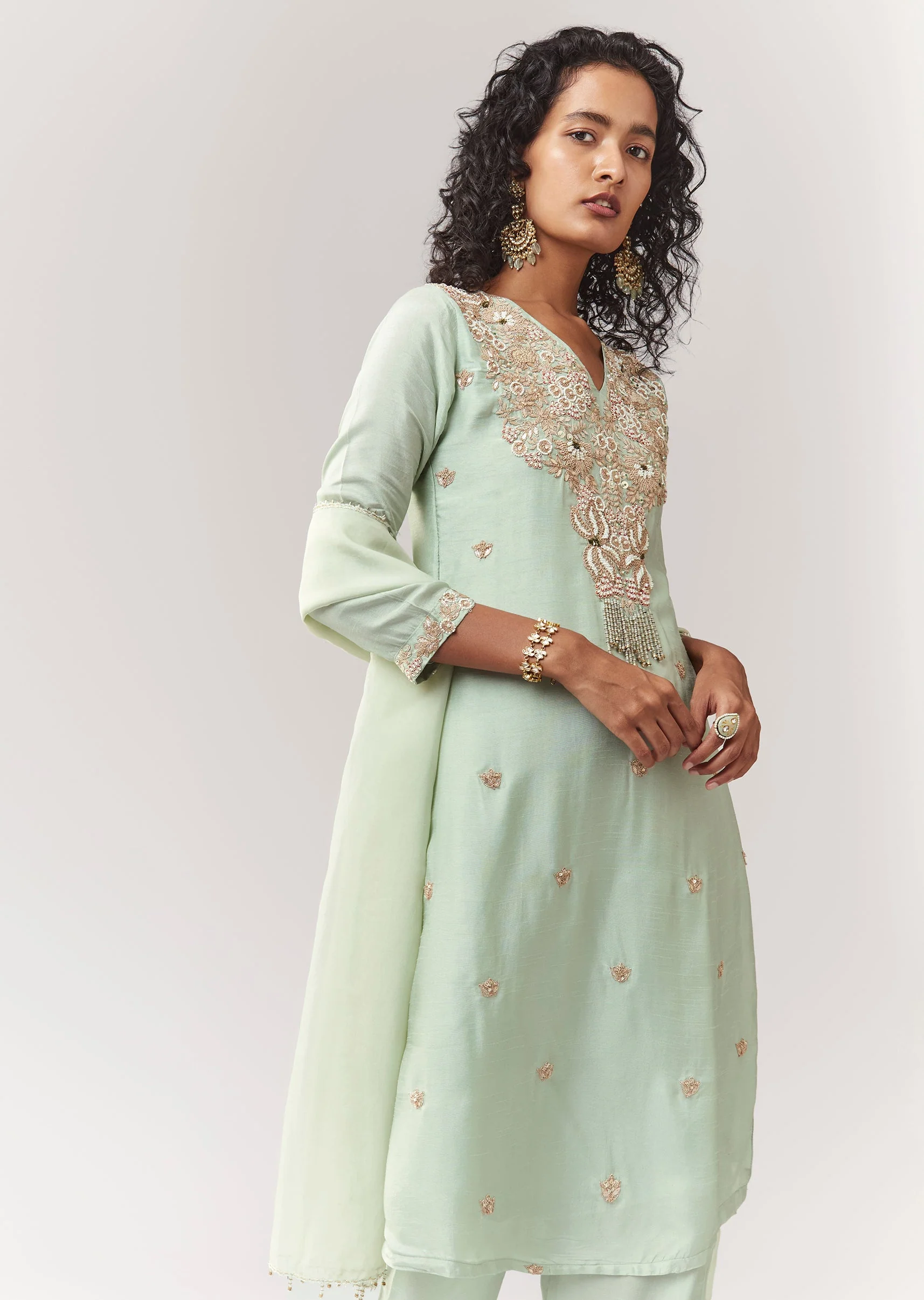 Pista Green Zardosi And Moti Work Kurta Palazzo Set With Dupatta - Image 4