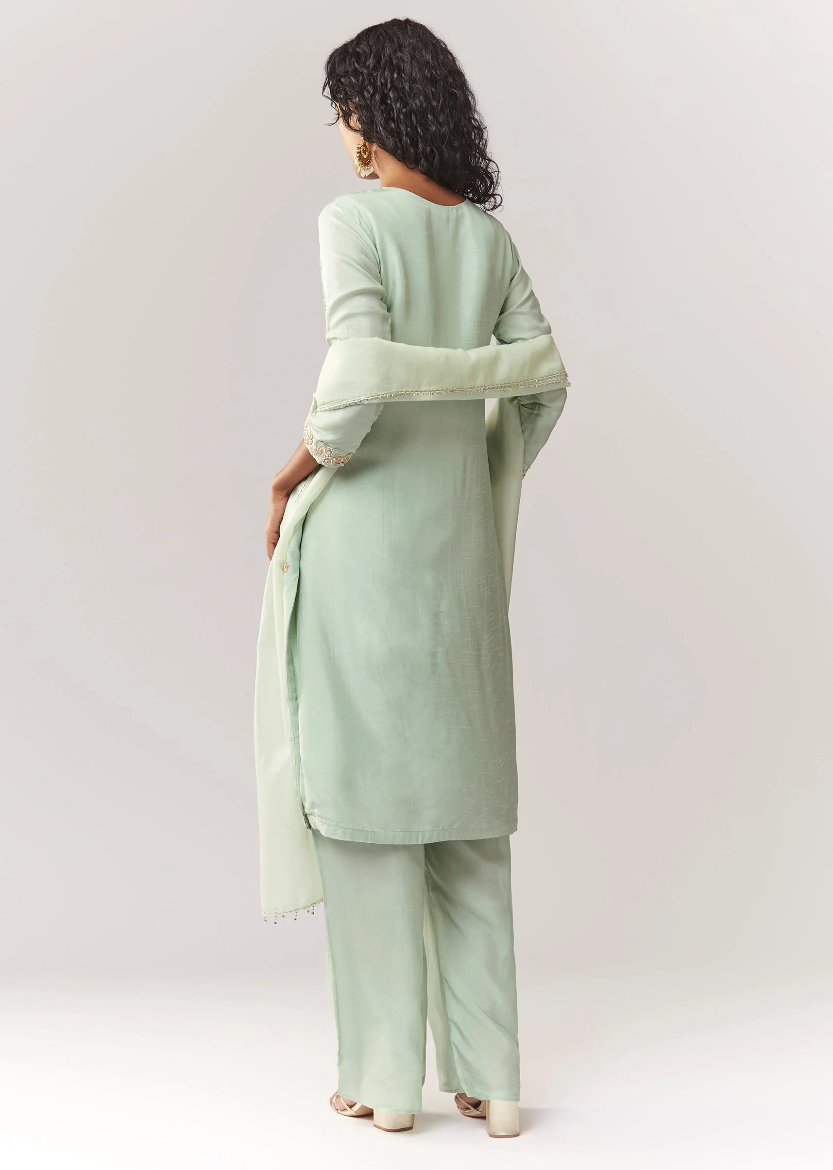 Pista Green Zardosi And Moti Work Kurta Palazzo Set With Dupatta - Image 5