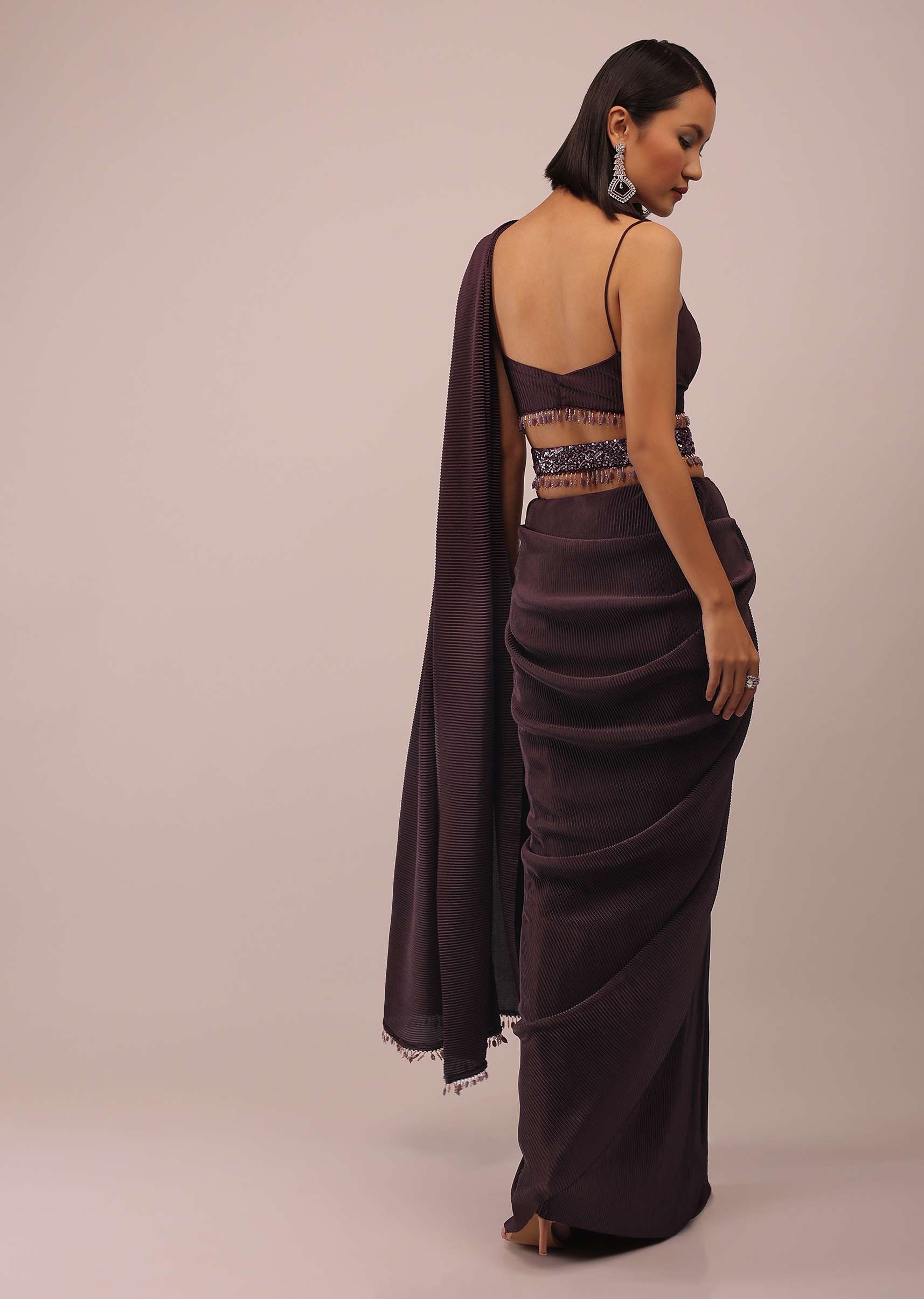 Plum Saree With Moti And Cut Dana Fringes Detailing On The Pallu And A Spaghetti Straps Crop Top With An Embroidered Belt In Fringes - Image 2