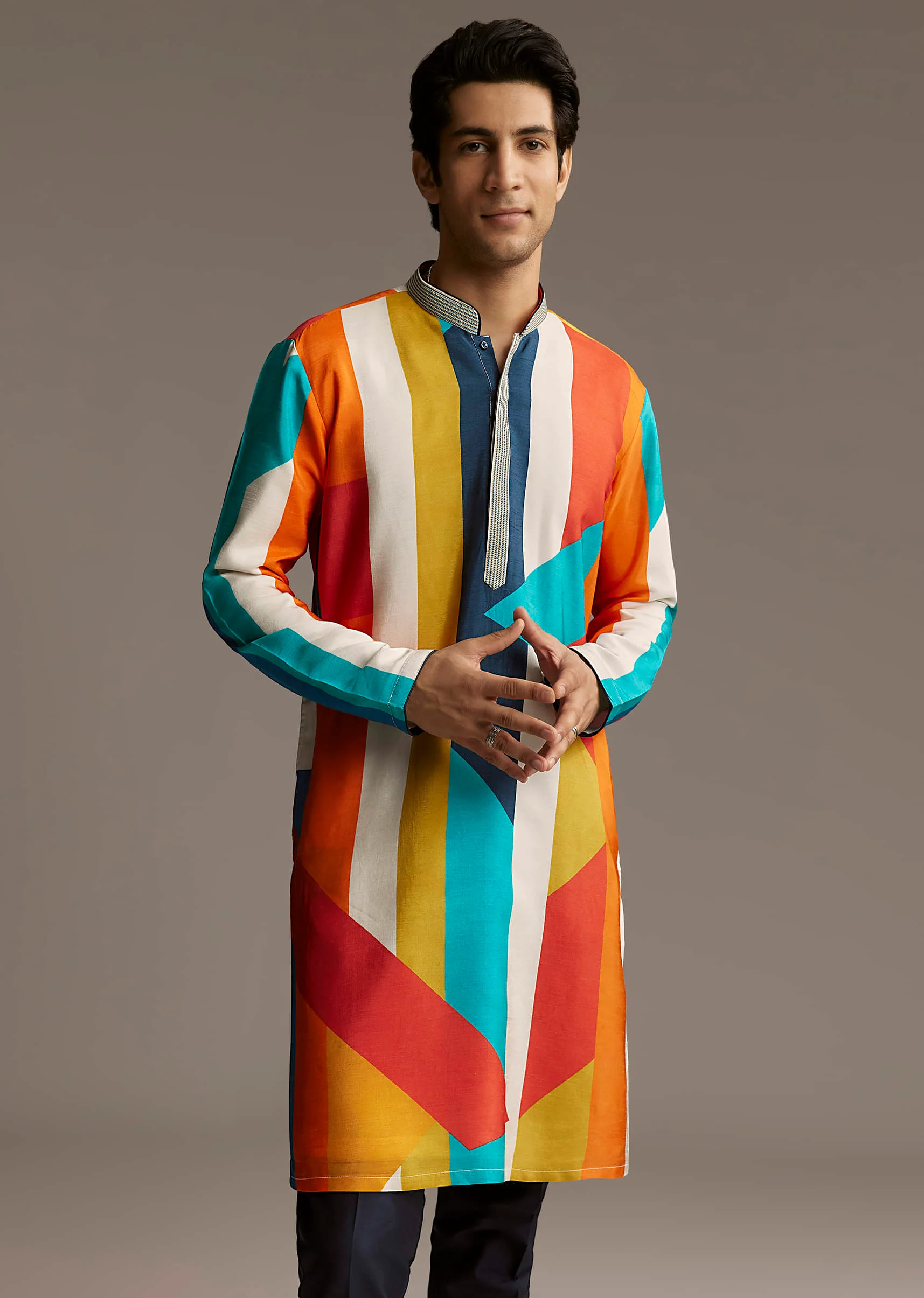Poppy Multicolour Silk Kurta Set For Men With Print - Image 4
