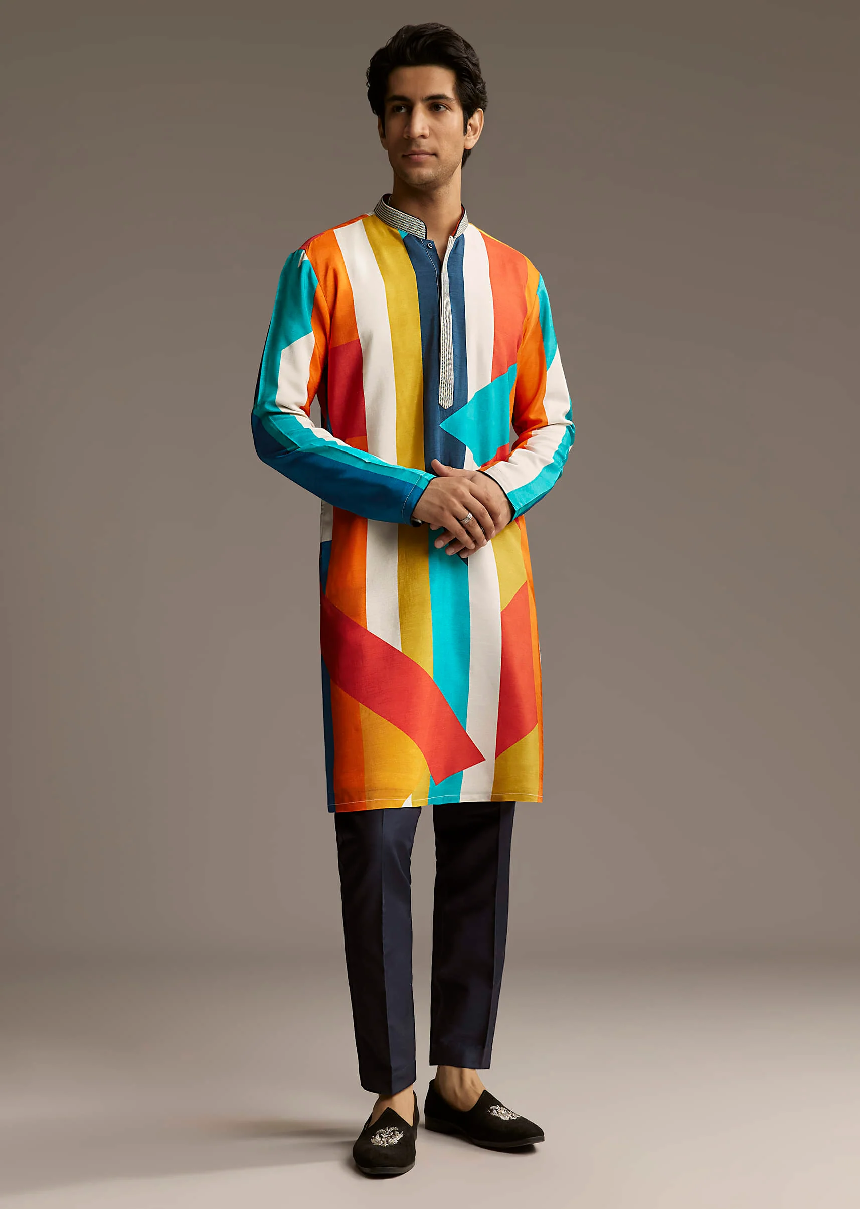 Poppy Multicolour Silk Kurta Set For Men With Print - Image 7