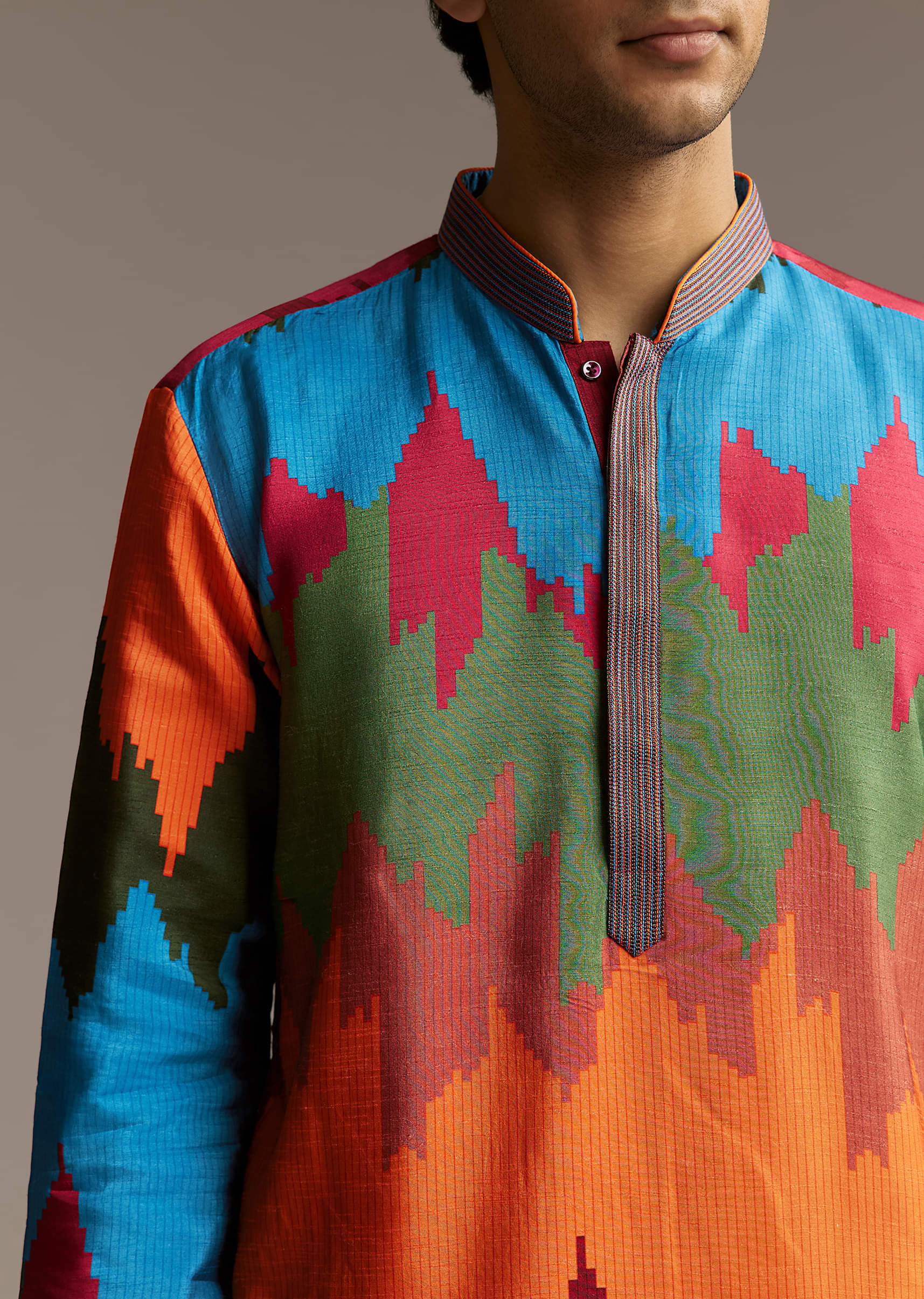 Poppy Multicolour Silk Kurta Set For Men With Vibrant Zigzag Print - Image 2