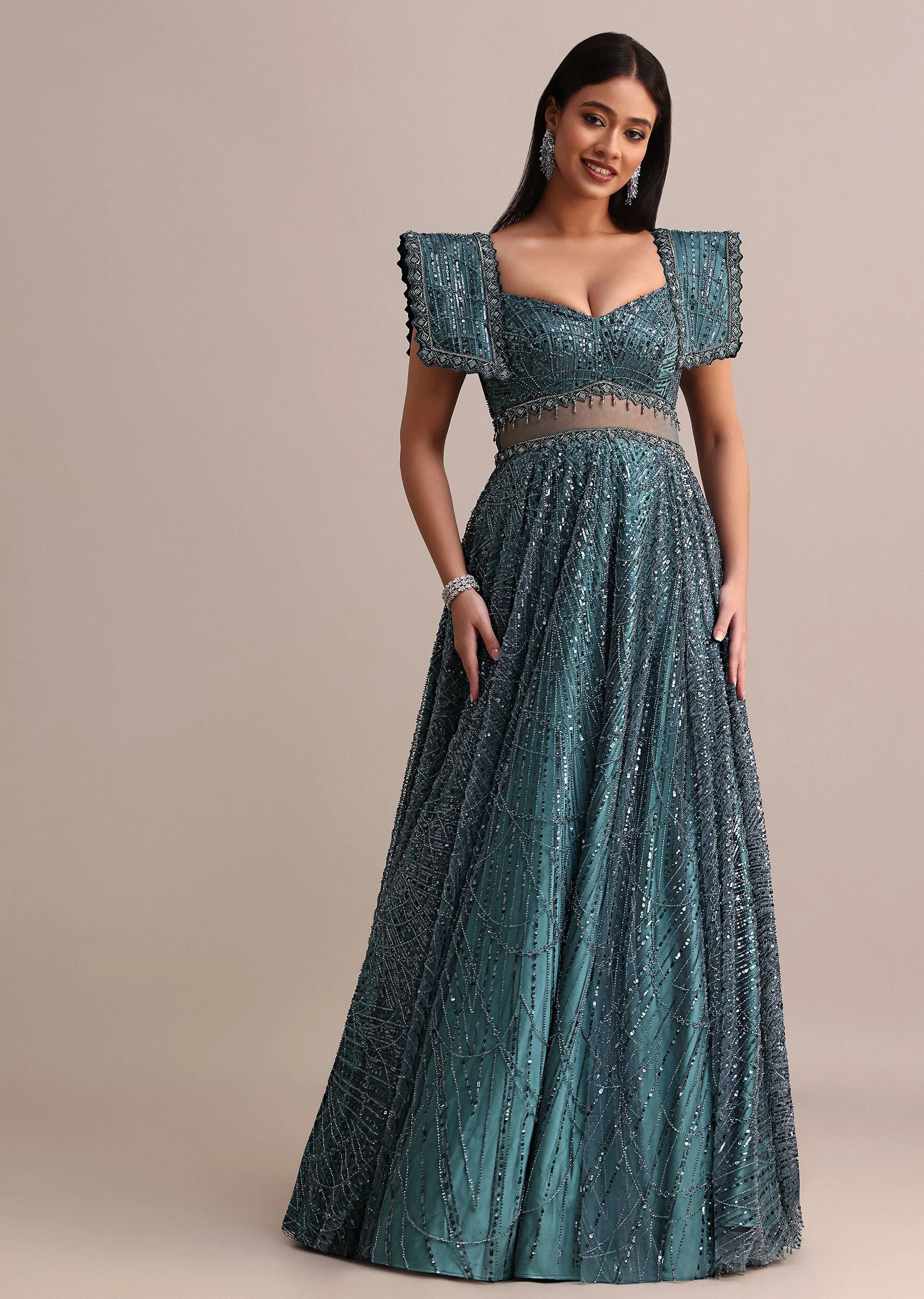 Poseidon Teal Circular Flared Gown With Fancy Sleeves - Image 3