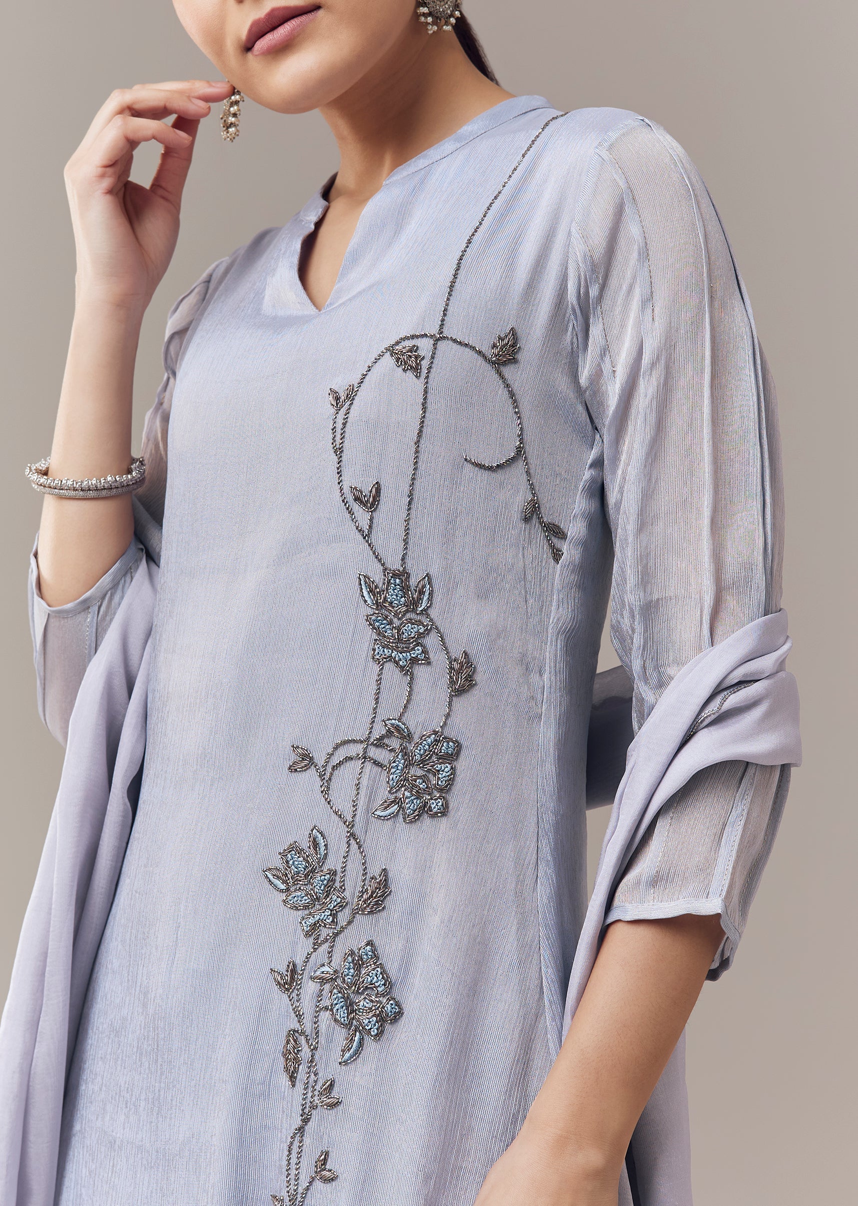 Powder Blue Anarkali Suit With Cut Dana And Resham Work And Dupatta - Image 2