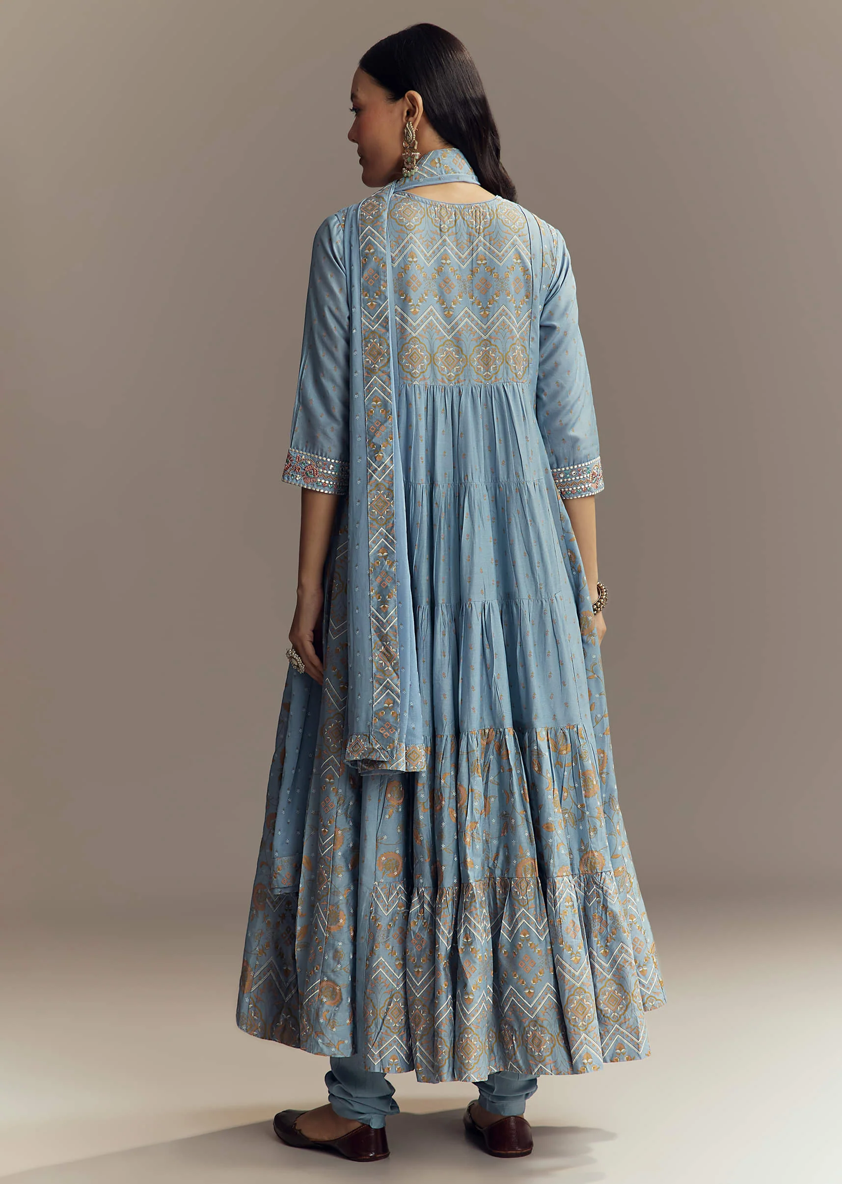 Powder Blue Chanderi Printed Anarkali Suit With Resham Work - Image 5