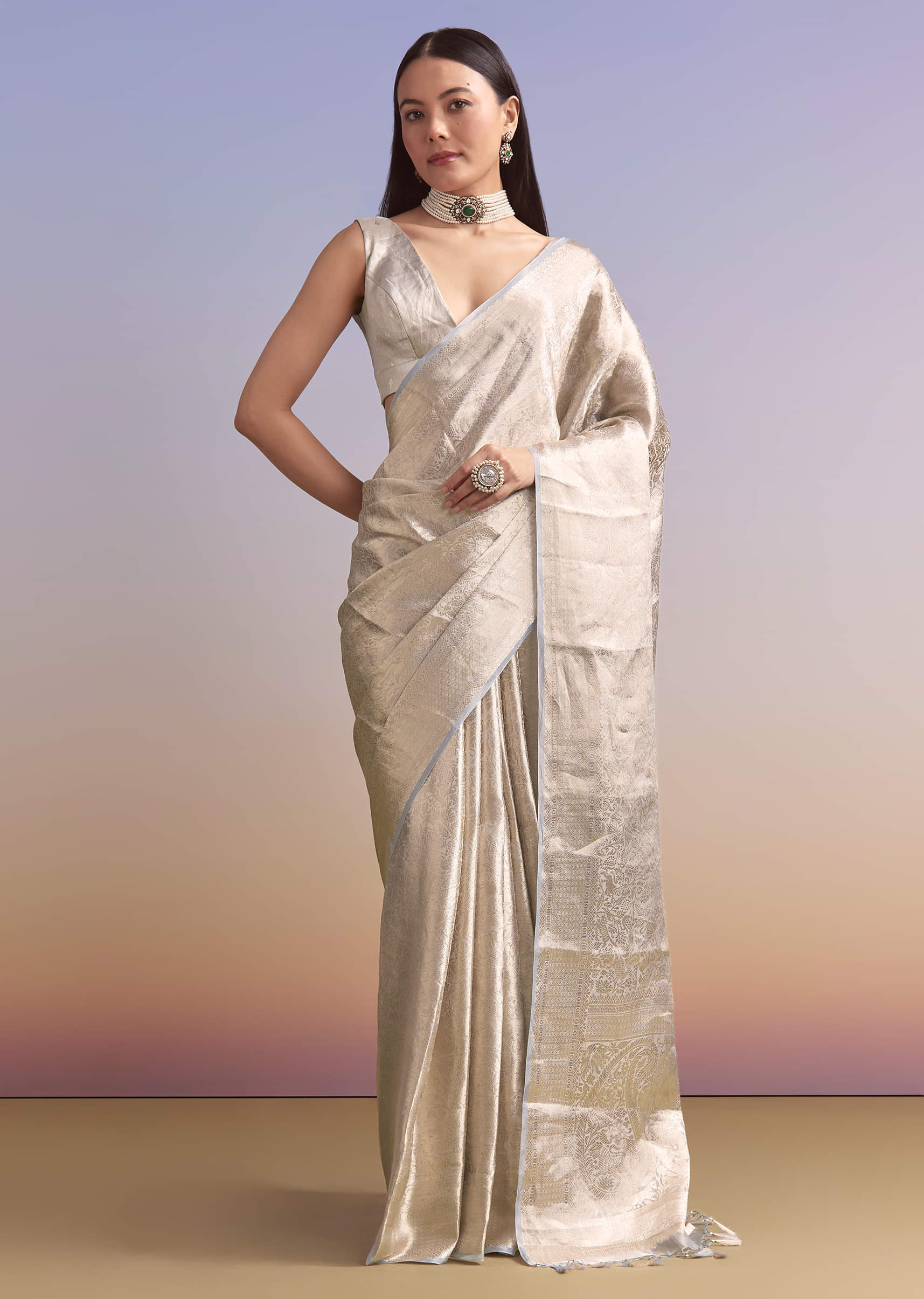 Powder Blue Chanderi Silk Woven Saree With Zari Embroidery - Image 10