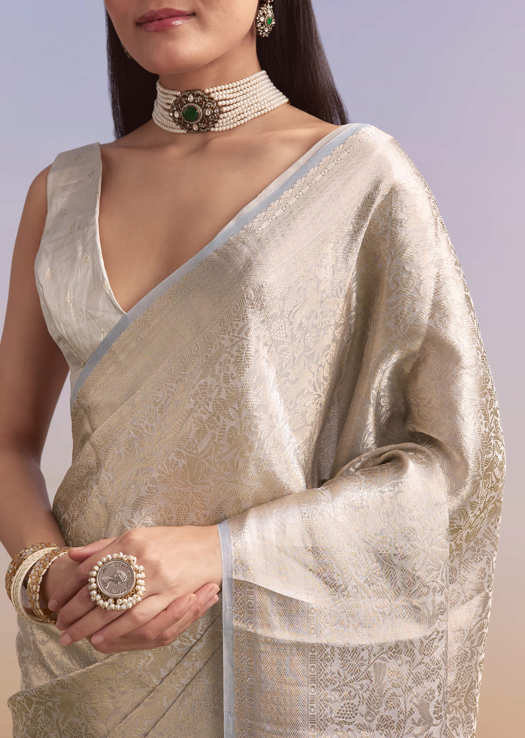 Powder Blue Chanderi Silk Woven Saree With Zari Embroidery - Image 2