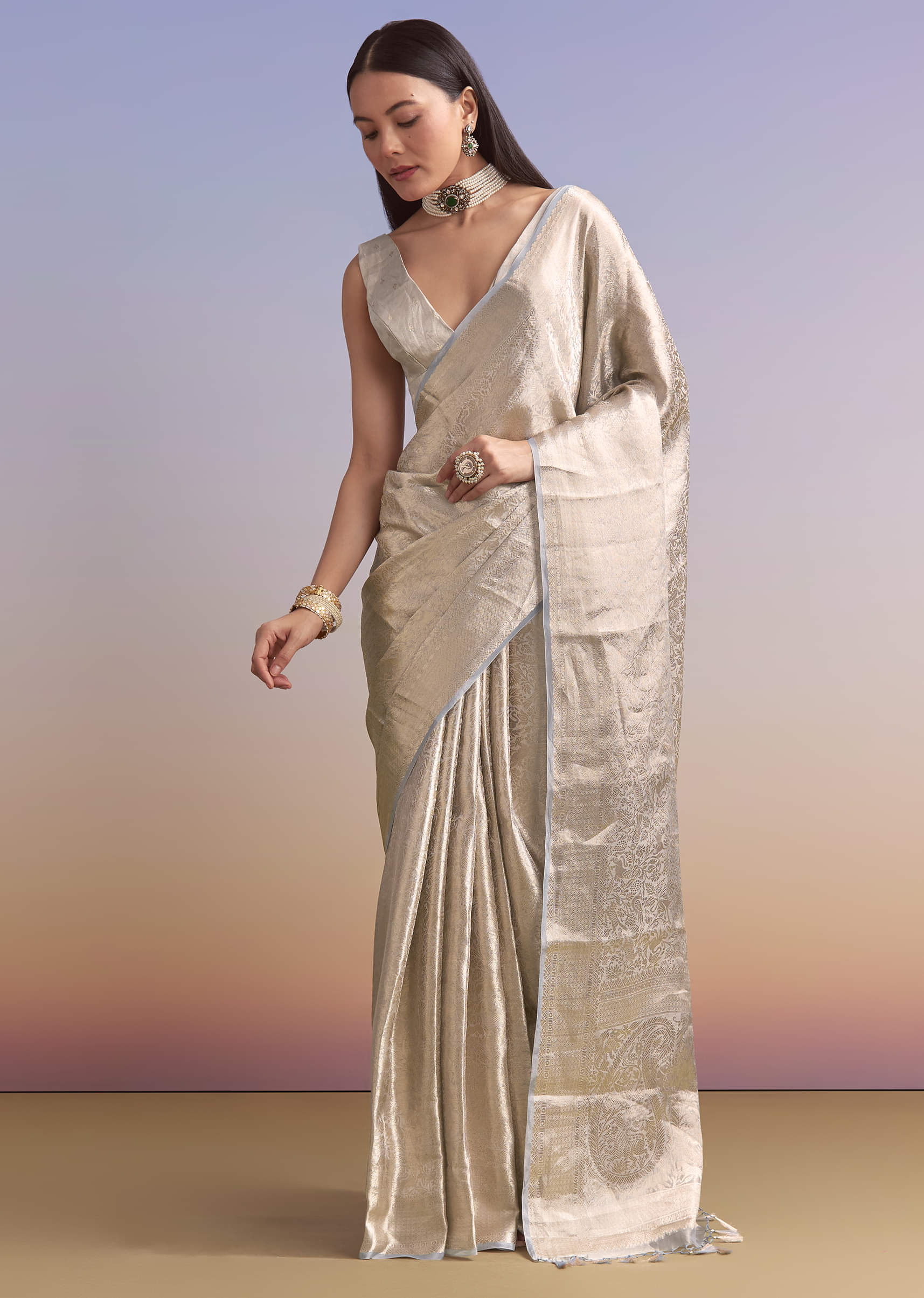Powder Blue Chanderi Silk Woven Saree With Zari Embroidery - Image 3