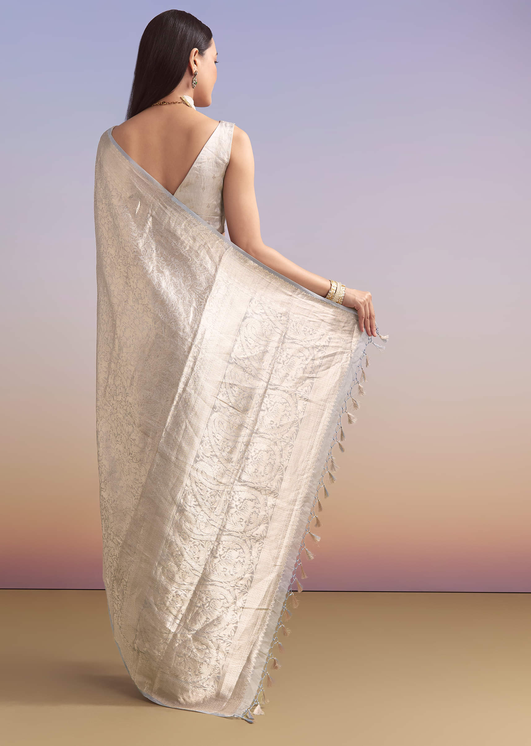 Powder Blue Chanderi Silk Woven Saree With Zari Embroidery - Image 4